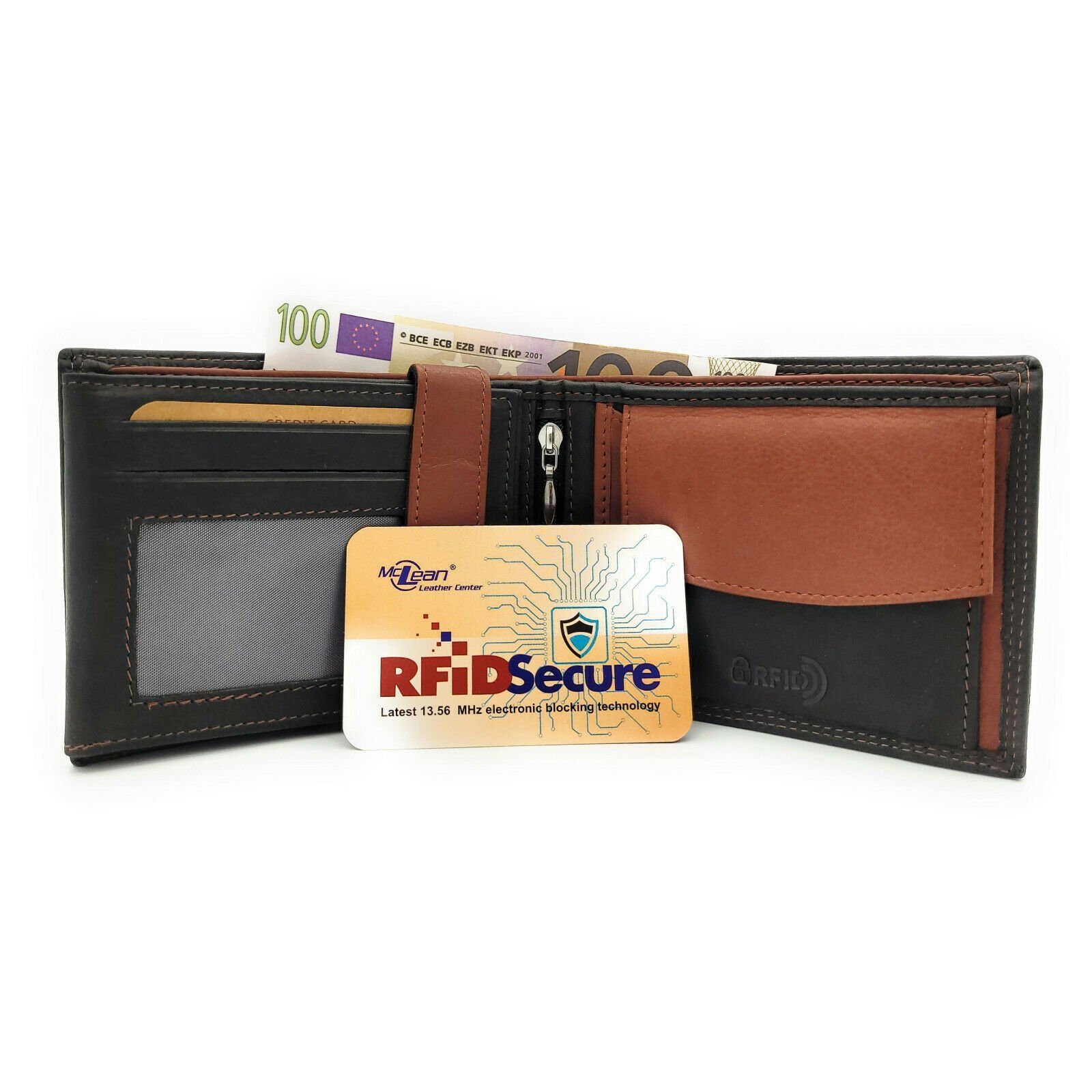 McLean Geldbörse echt Leder Herren Portemonnaie mit RFID Schutz, Innenriegel zur Sicherung der Karten, schwarz braun
