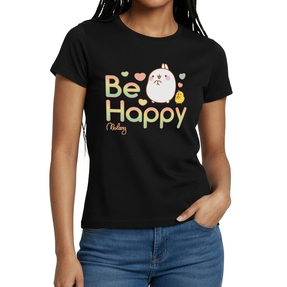 T-Shirt Molang Piu Piu Be Happy Spruch Frauen T-Shirt