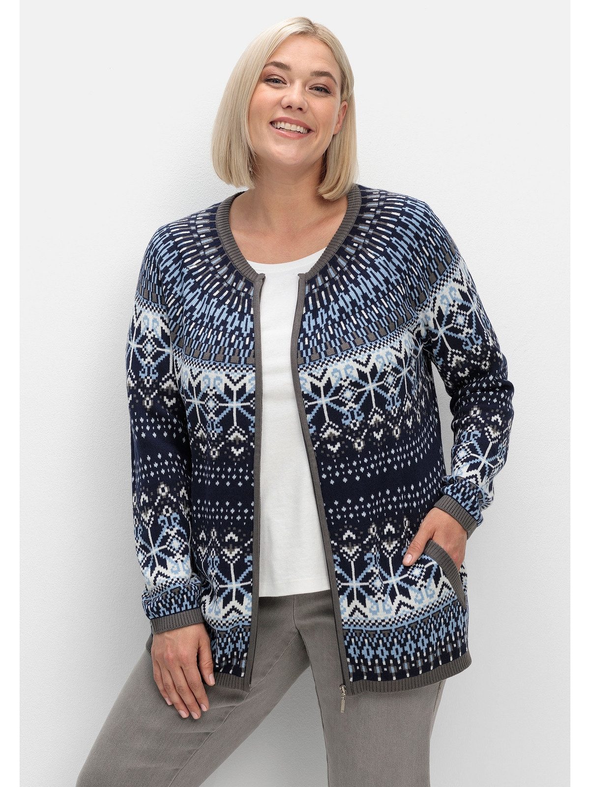Sheego Strickjacke Große Größen im Norwegermuster, mit Reißverschluss