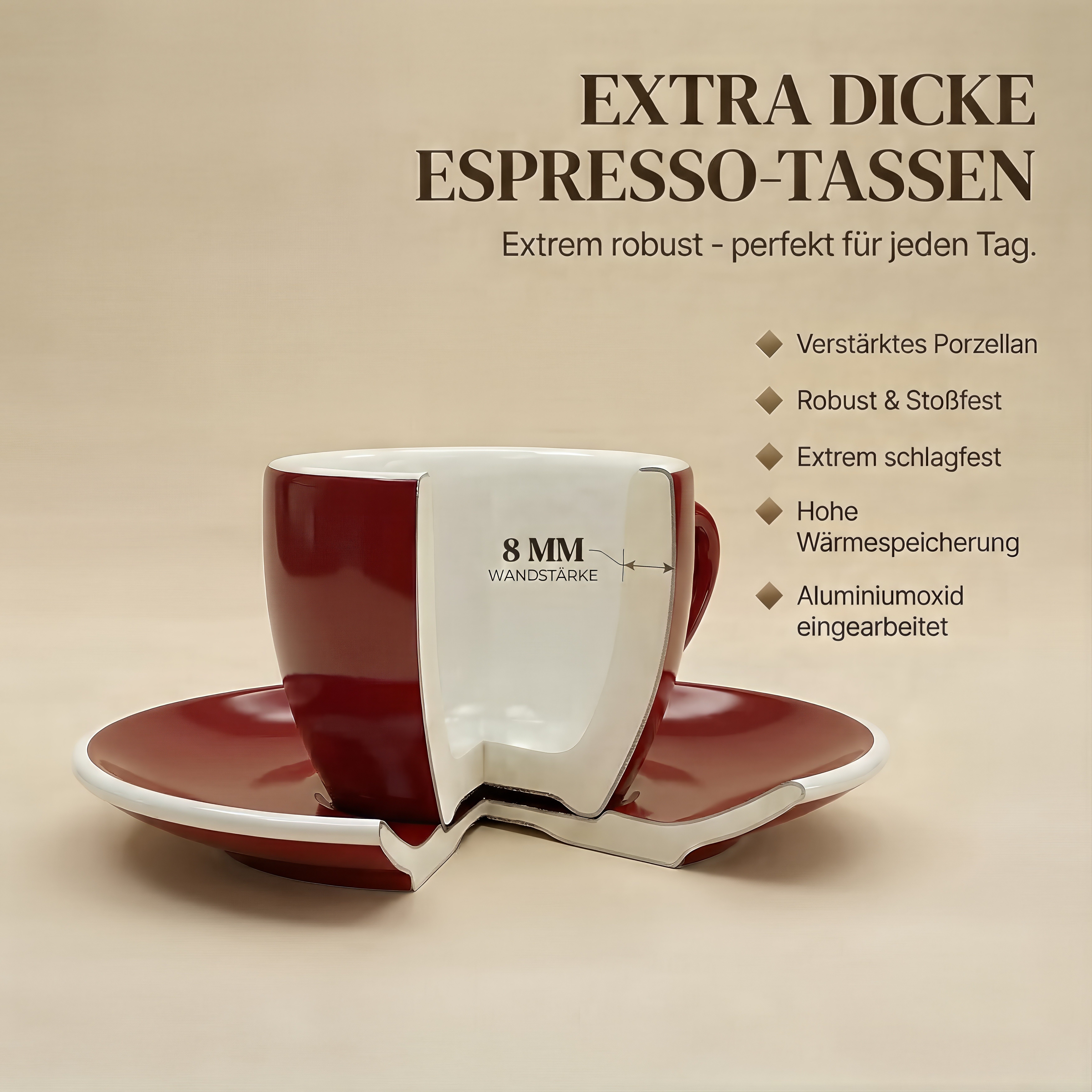 MUVELL Espressotasse 6x Espressotassen & Untertassen Set 0,8 cm dickwandig, rot, 6-tlg., Keramik, 60 ml rot mit weißen Rand und Innenfläche