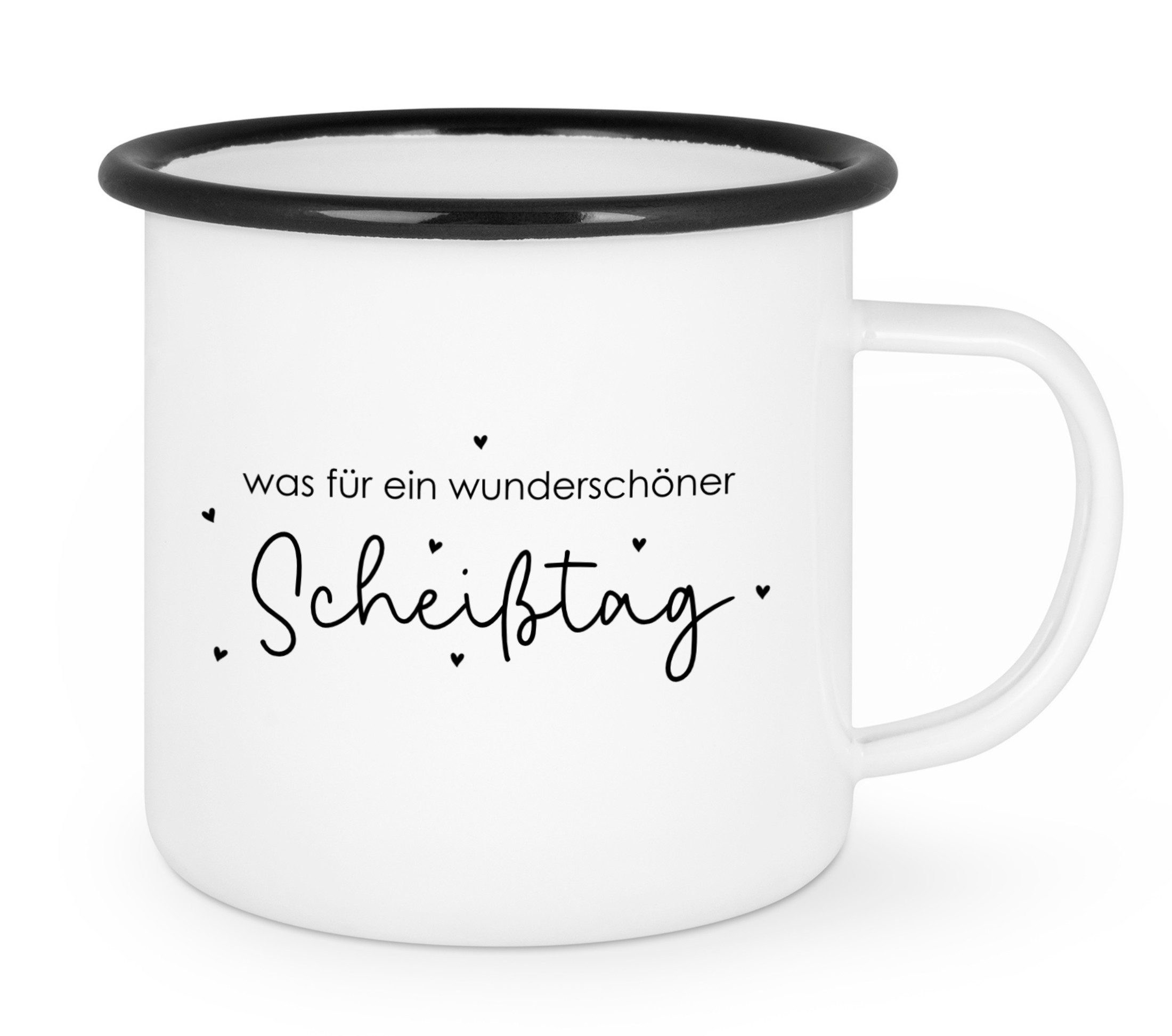 CreaDesign Tasse Emailletasse Tasse Spruchtasse weiß "wunderschöner Scheißtag", 300 ml, Emaille