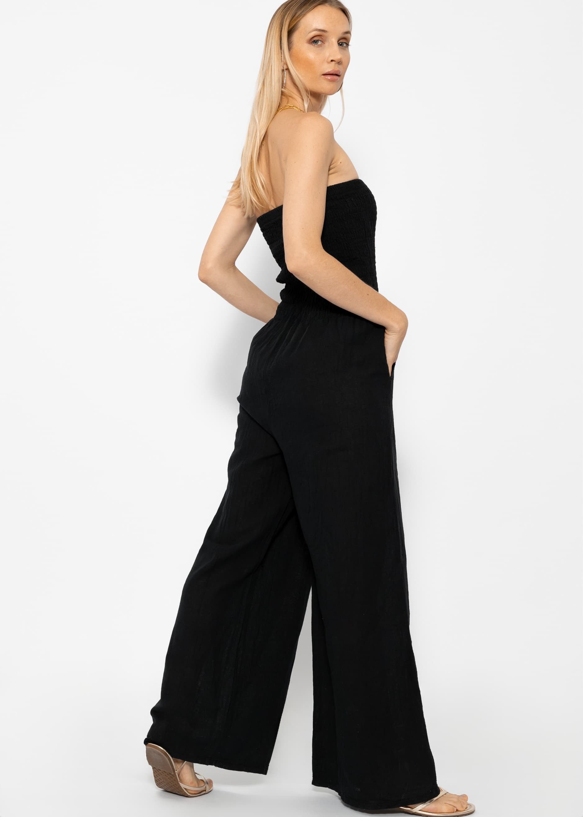 SASSYCLASSY Jumpsuit Schulterfreier Jumpsuit mit Taschen Trägerloser Baumwoll Jumpsuit in fließendem Schnitt