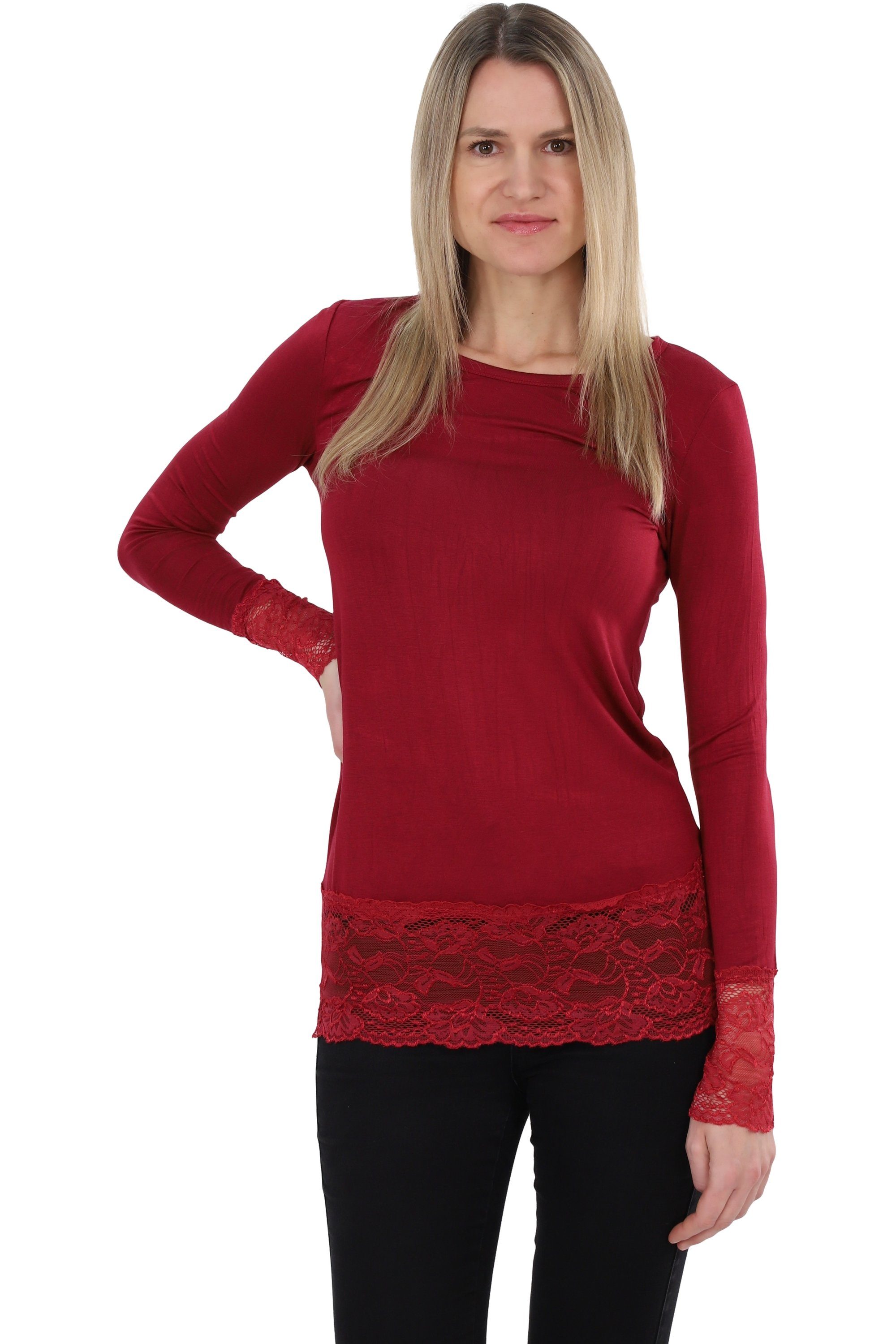 Muse Rundhalsshirt Langarm Longshirt mit Spitzensaum günstig online kaufen