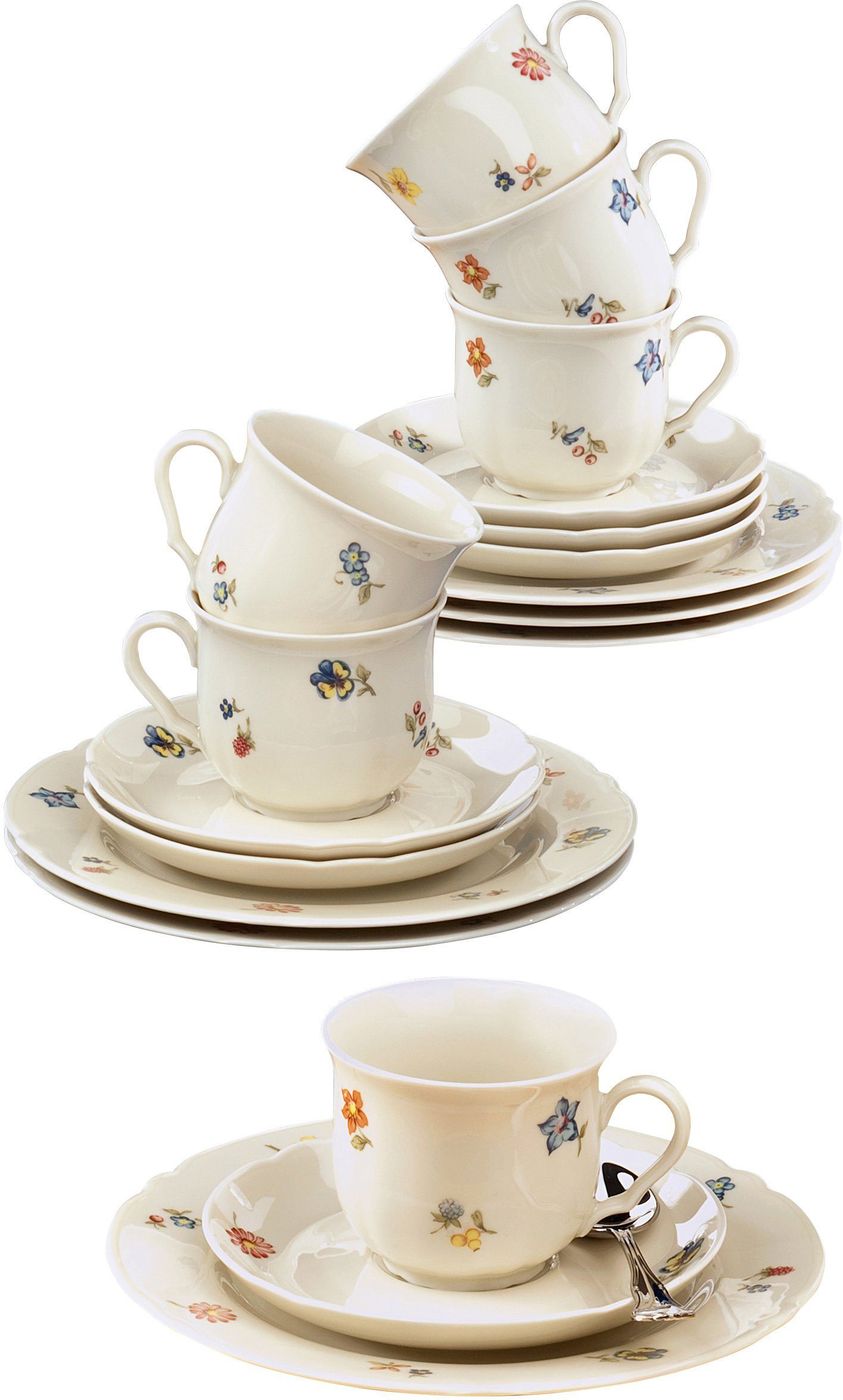 Seltmann Weiden Kaffeeservice Geschirr-Set, Service Marieluise (18-tlg), 6 Personen, Porzellan, Teller, Tasse, Untertasse Made in Germany, 18 Teile, für 6 Personen