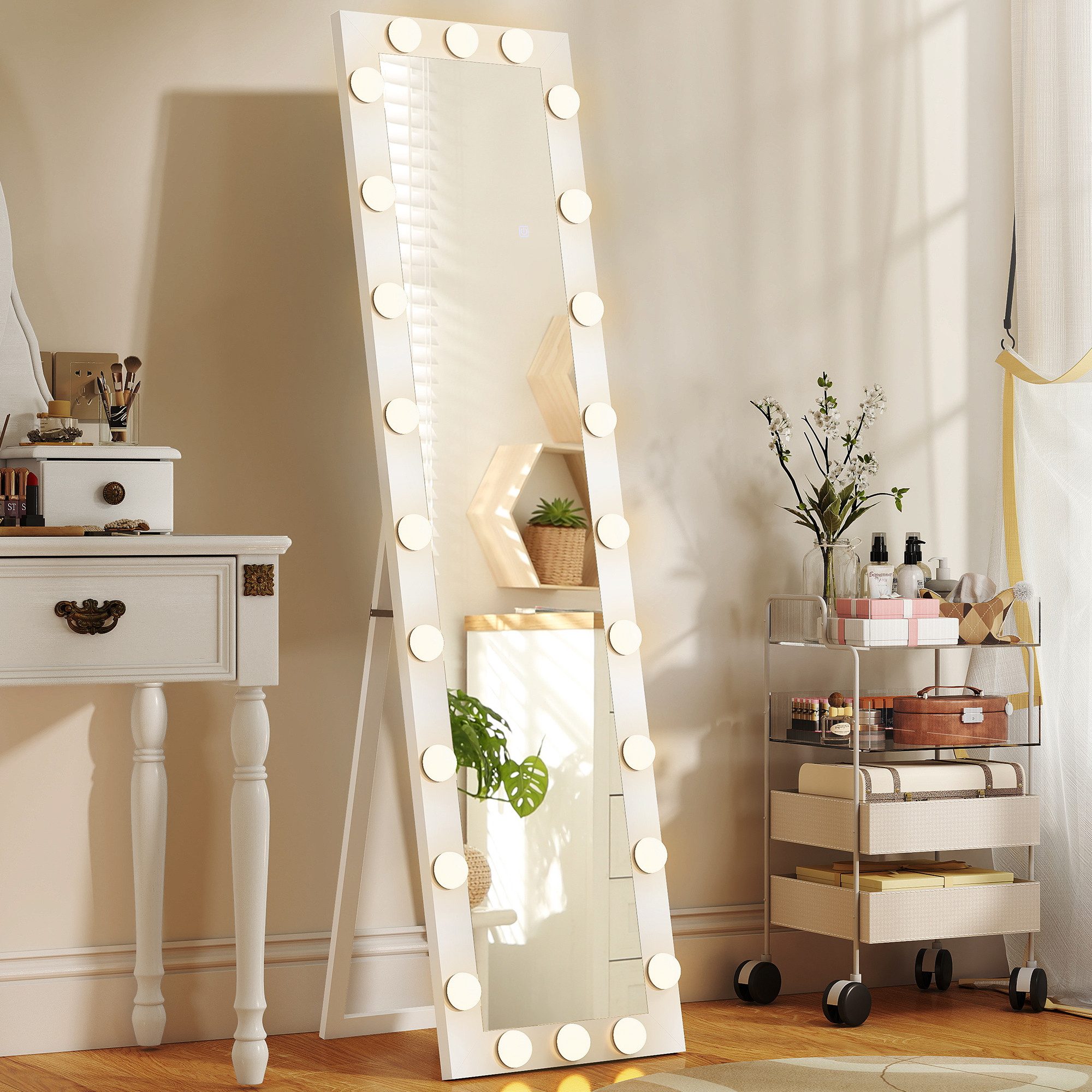 HOMCOM Standspiegel mit 24 Glühbirnen, 3 Lichtfarbe, Touch-Schalter, Memory-Funktion (Stehspiegel, 1-St., Wandspiegel), für Wohnzimmer, Schlafzimmer, Weiß