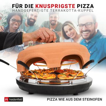 Heidenfeld Pizzaofen Mini Pizzaofen Pizzachef für 6 Personen inkl. Pizzaschieber Raclette, 1100 W Pizzamaker - Dual-M-Heizstab - Abdeckung Terracotta Pizza Ofen