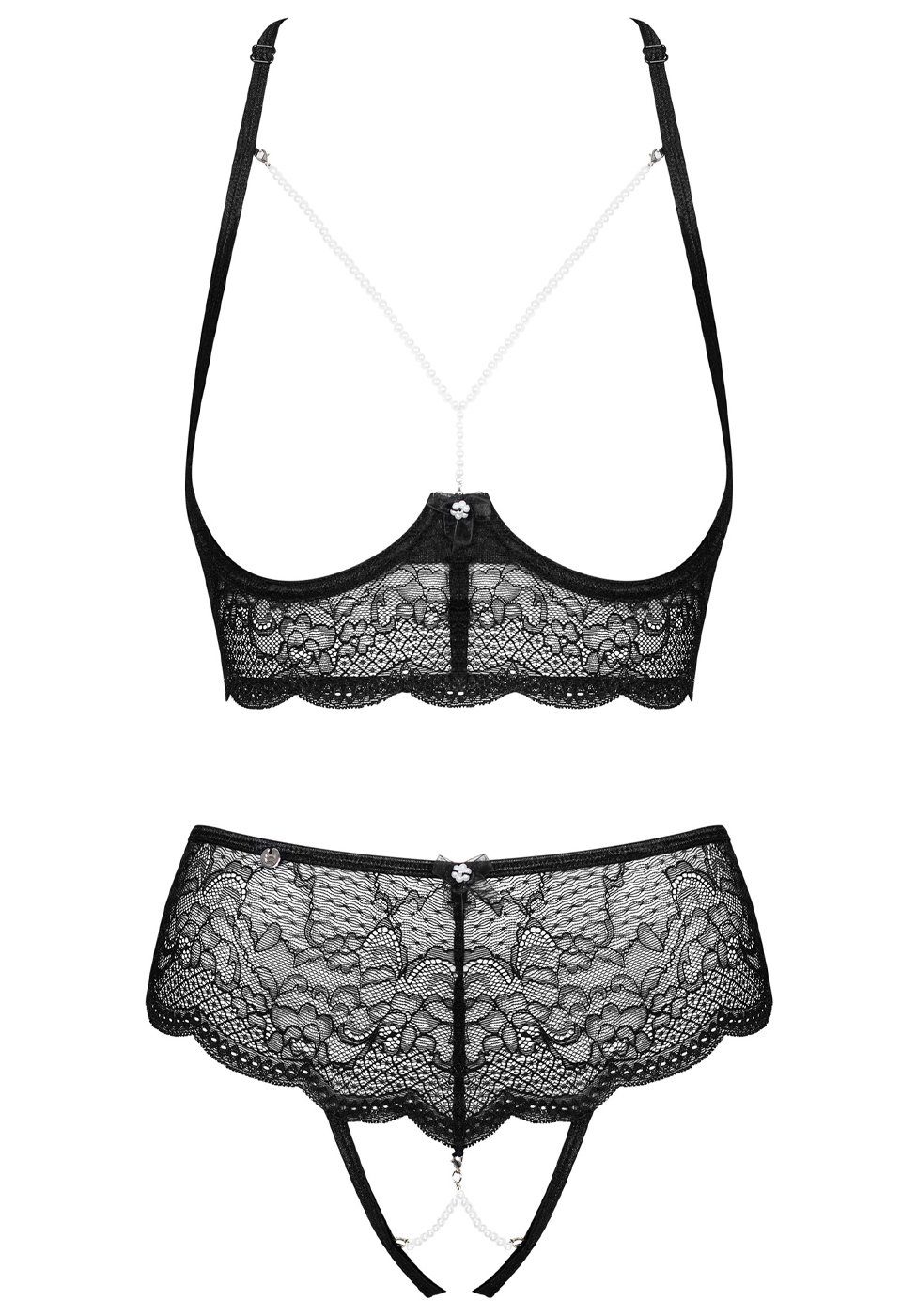 Obsessive Set: Bügel-BH 2-tlg Dessous-Set: offene Cups und Perlen BH Tanga Spitze schwarz (2-tlg) transparente Spitze mit Perlenketten