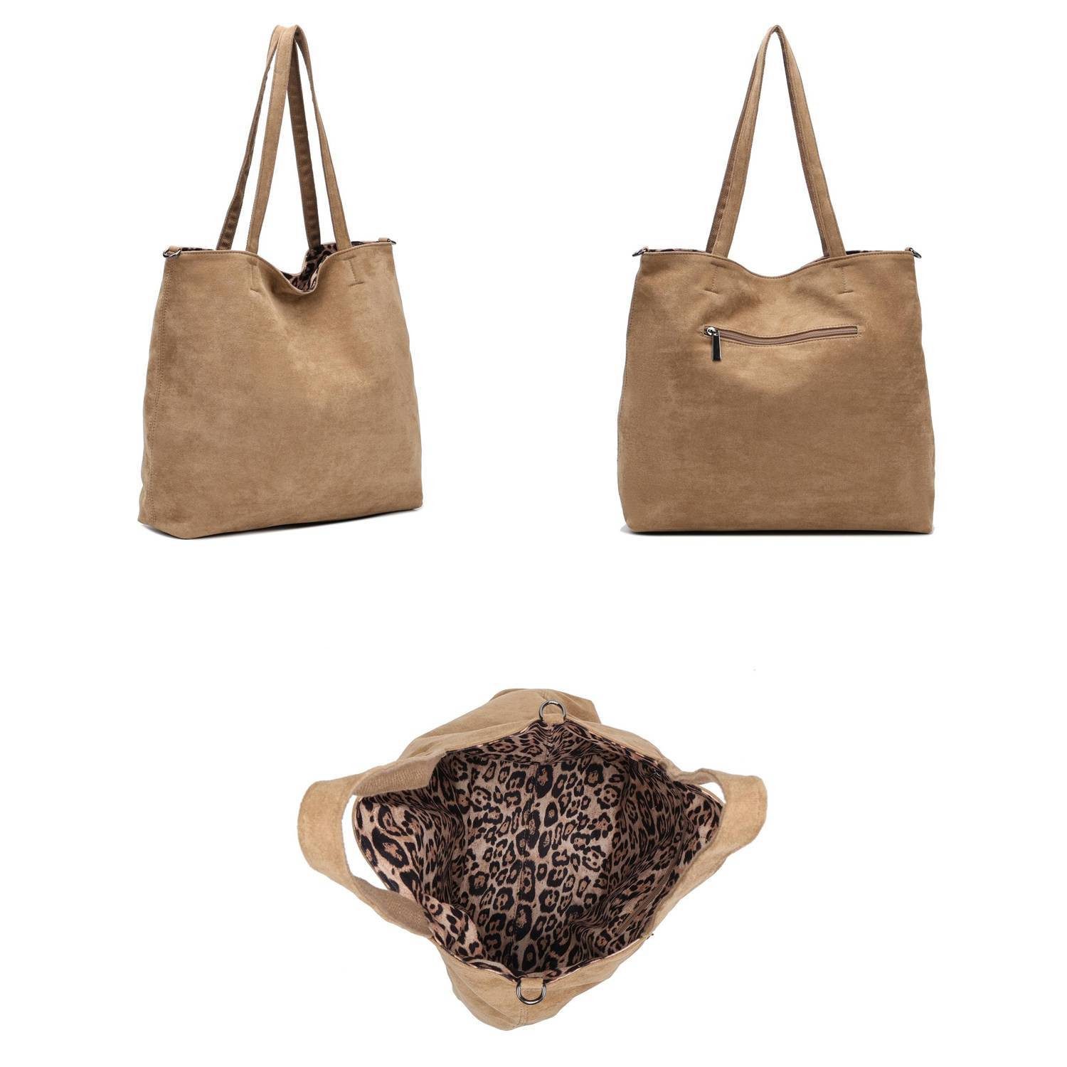 ITALYSHOP24 Schultertasche XL Damen Tasche Set 2in1 Shopper Tote Bag Crossbody Velours CrossOver (Spar-Set 2 in1 Hobo + Crossbody Bag / Schmucktasche, Leichtgewicht, Wildleder Optik), Leopard Umhängetasche Body Bag Beuteltasche Freizeit Henkeltasche Samt
