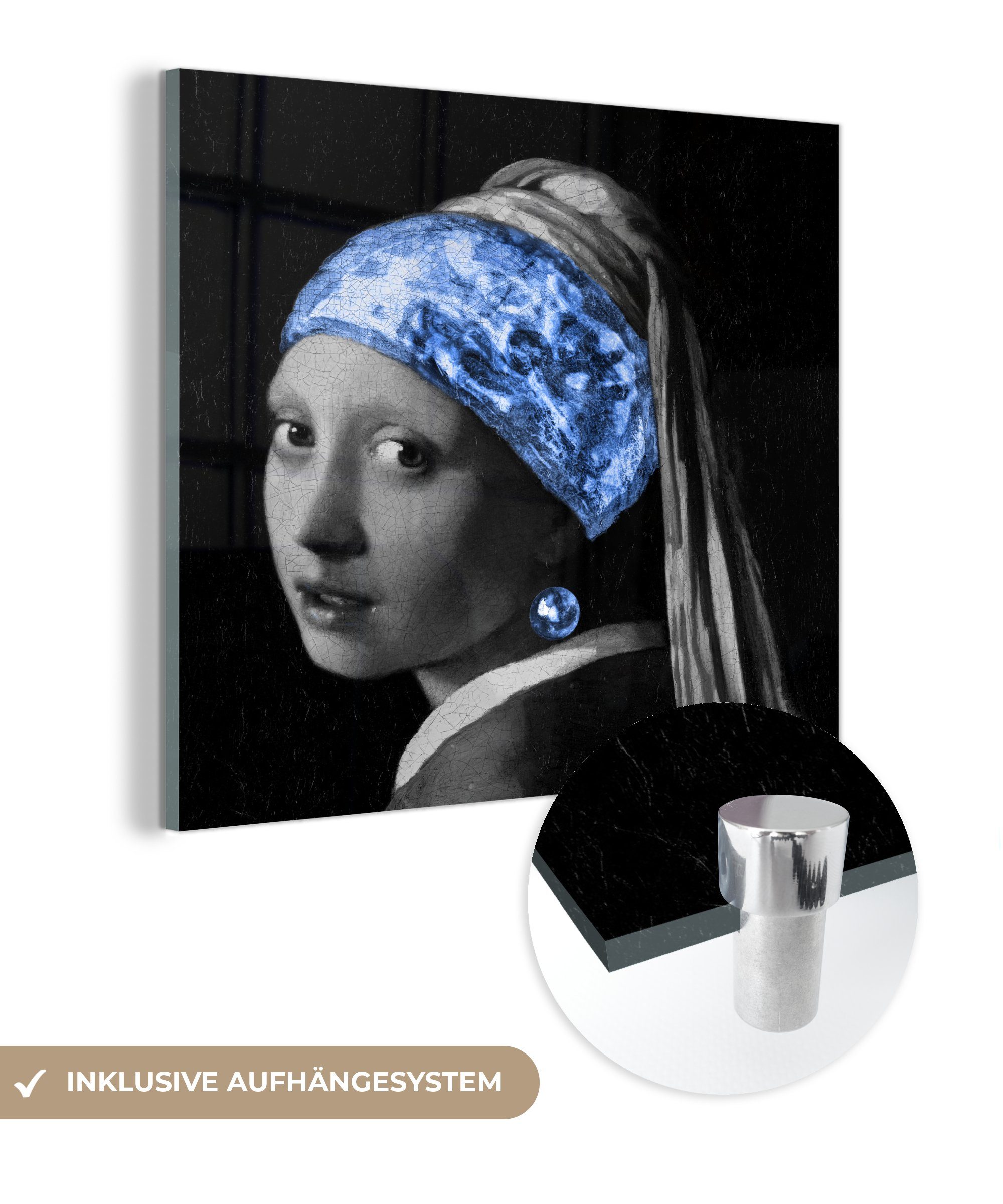 MuchoWow Acrylglasbild Mädchen mit Glasbilder Perlenohrring Glas St), Foto - - - auf auf - - (1 Bilder Wanddekoration Glas Wandbild einem Vermeer Blau