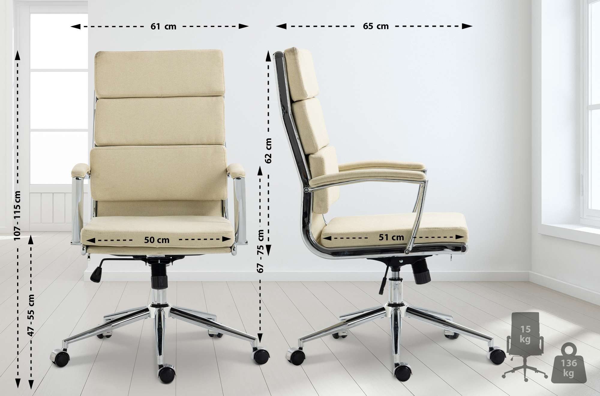 furnicato Bürostuhl Cleveland 107-115x61x65 cm creme (1 St)