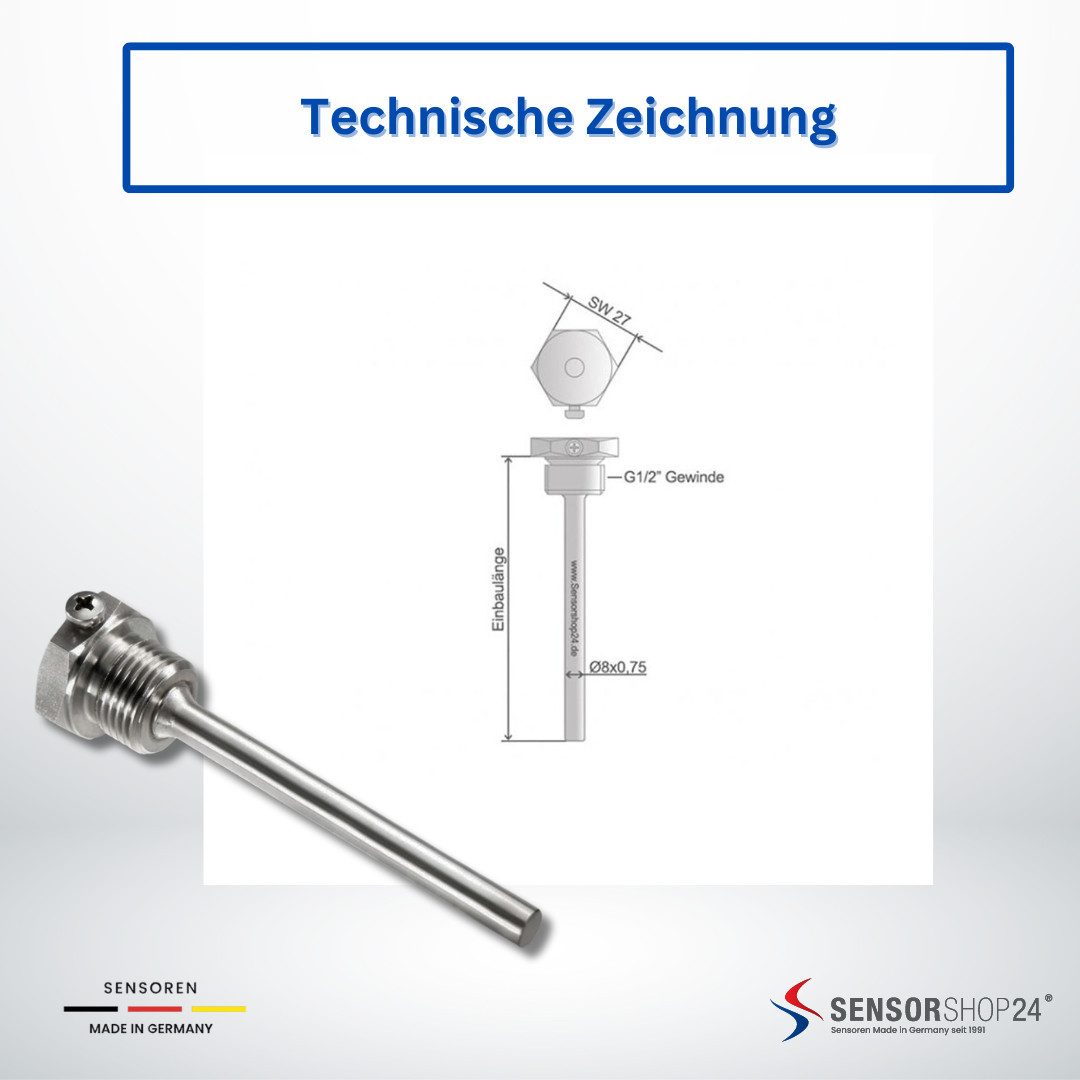 Sensorshop24 Sensor Tauchhülse Edelstahl für Temperaturfühler G1/2 Zoll