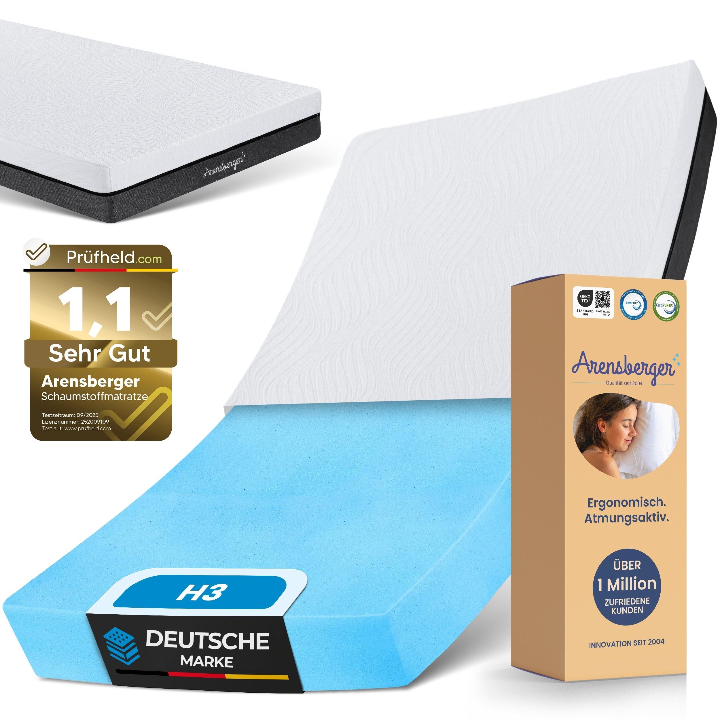 Kaltschaummatratze Gelschaum Matratze SARA, Rollmatratze Komfortmatratze H3 Härtegrad, Arensberger, 16 cm hoch, (16 cm NANOCELL® Gel-Schaum), Atmungsaktiv, Abnehmbarer Bezug 240g/m², Waschbar bis 60°C –