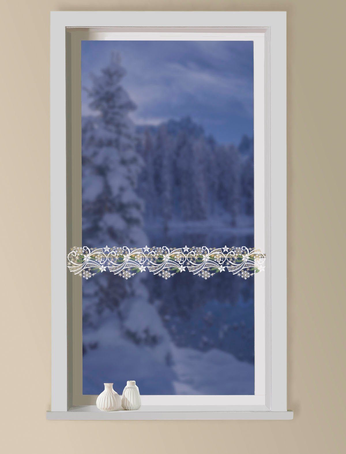 W. Reuter & Sohn - Plauener Spitze® Scheibengardine Winter (1 St), Stangendurchzug, halbtransparent, Made in Germany