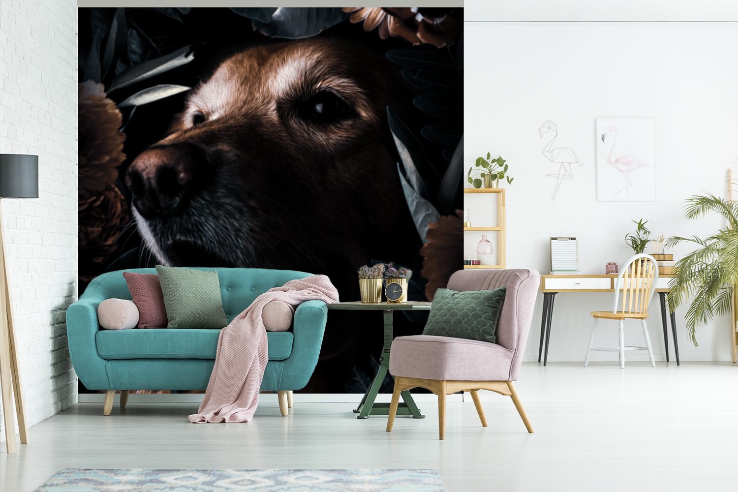 MuchoWow Hund St), Blätter oder Wandtapete Fototapete Wohnzimmer - für Matt, Tapete Vinyl Schlafzimmer, (5 Botanisch, - Blumen - bedruckt,