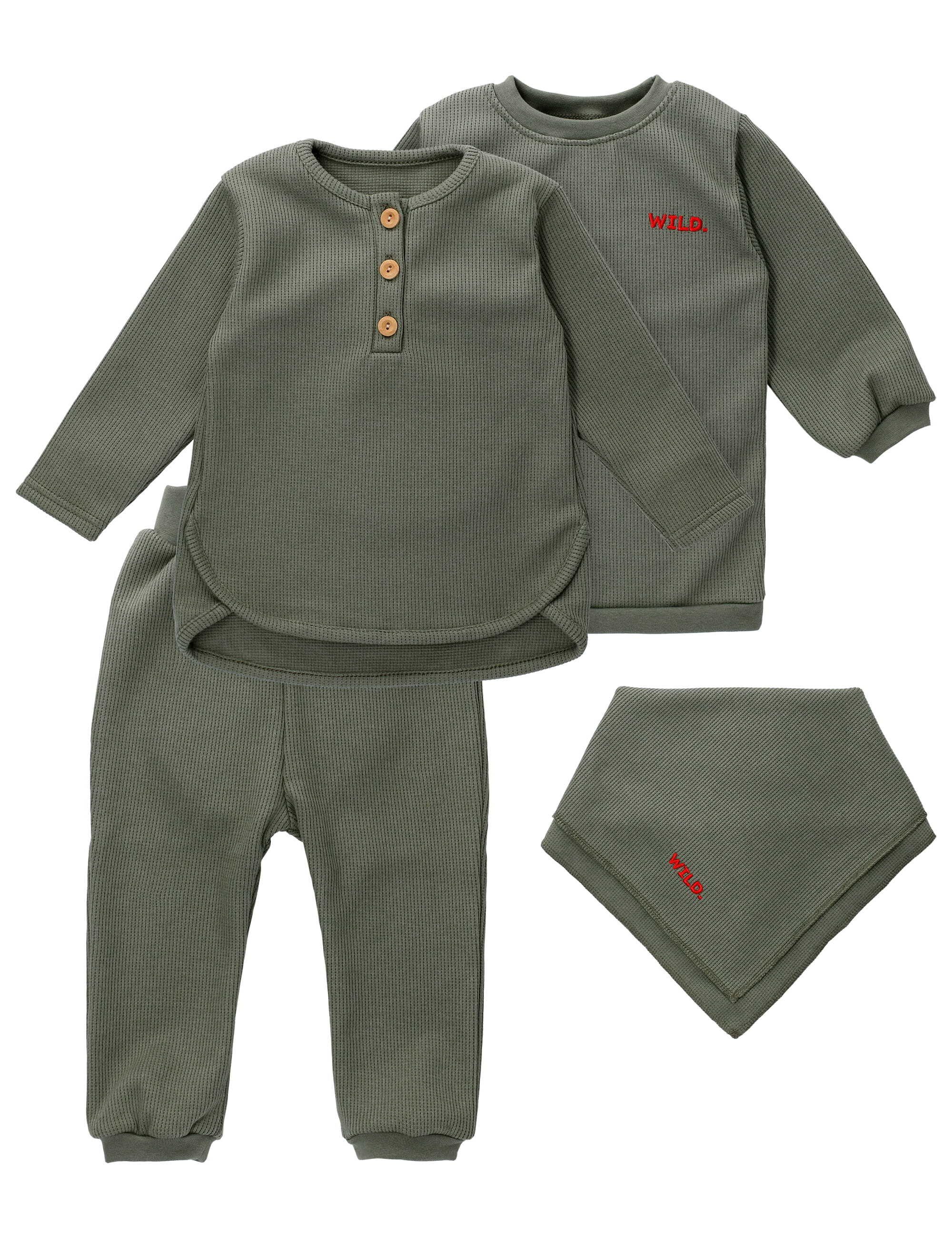 MaBu Kids Langarmshirt & Hose Set (1-tlg., 4 Teile) Khaki | Shirt-Sets