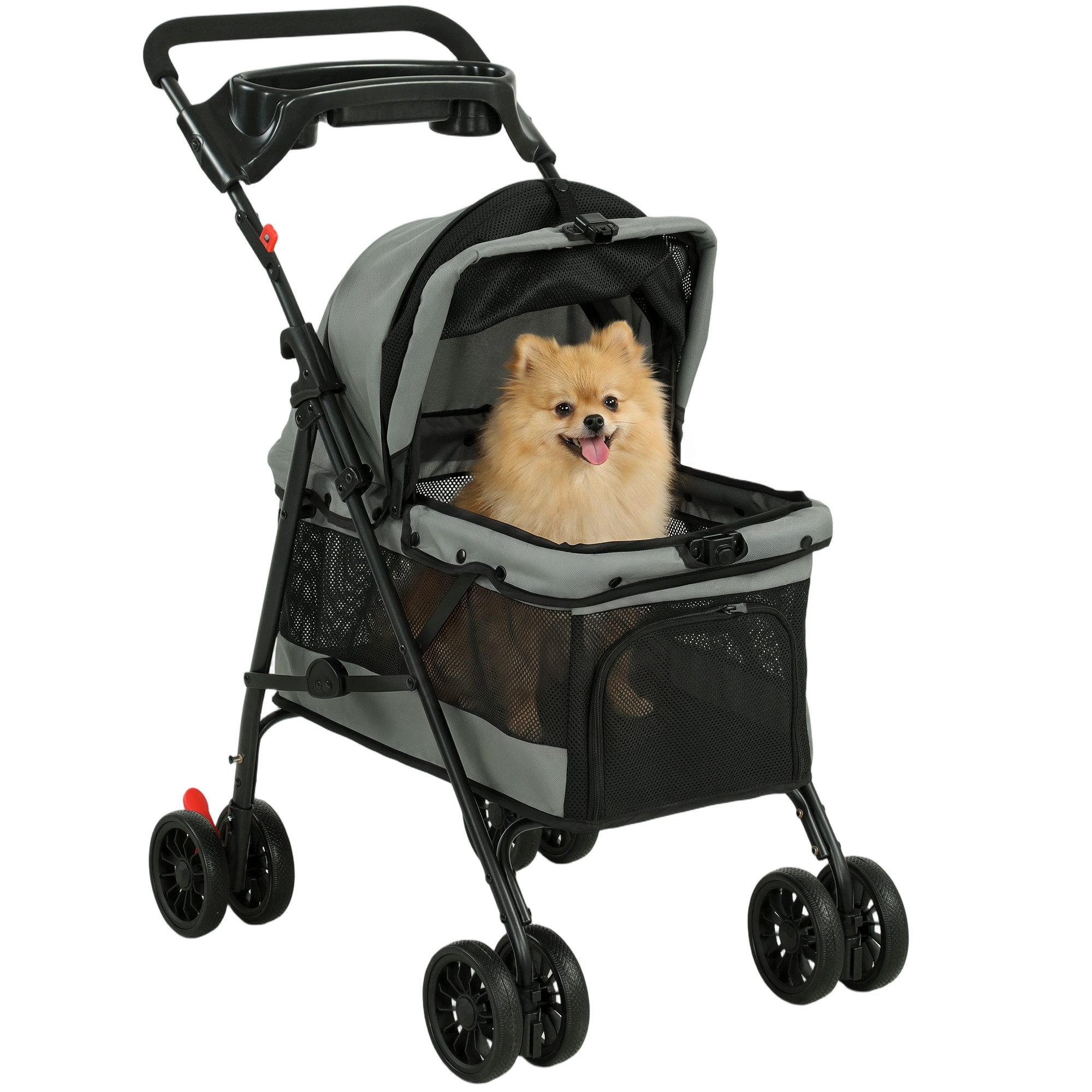 PawHut Hundebuggy Faltbar Katzenwagen mit Kissen, Netzfenstern, Getränkehalter, (Hundewagen, 1-tlg), für kleine Hunde und Katzen bis 10kg, Grau