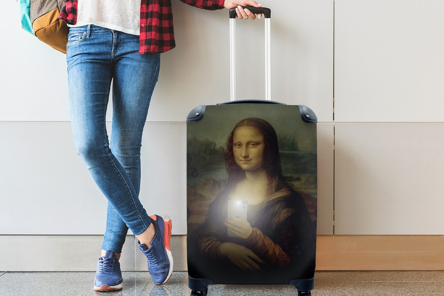 MuchoWow Da Ferien, Lisa Trolley, mit für Telefon Handgepäck - Mona 4 Vinci, Reisetasche Handgepäckkoffer Reisekoffer rollen, - Rollen,