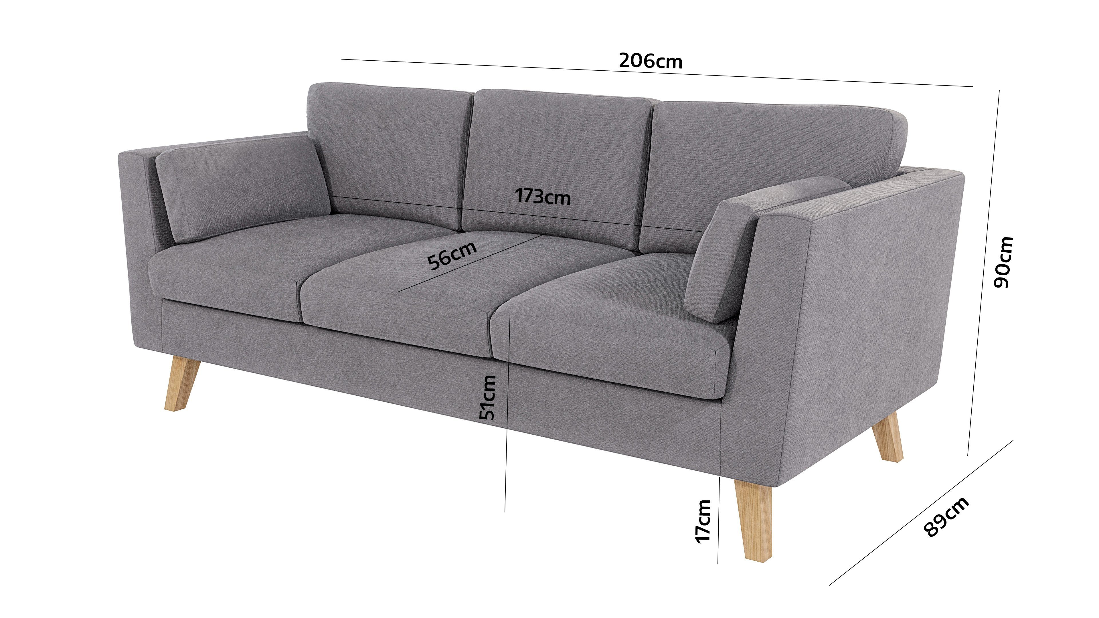 Angeles mit Khaki Sofa - Braun S-Style 3-Sitzer Wellenfederung Design, im skandinavischen Möbel