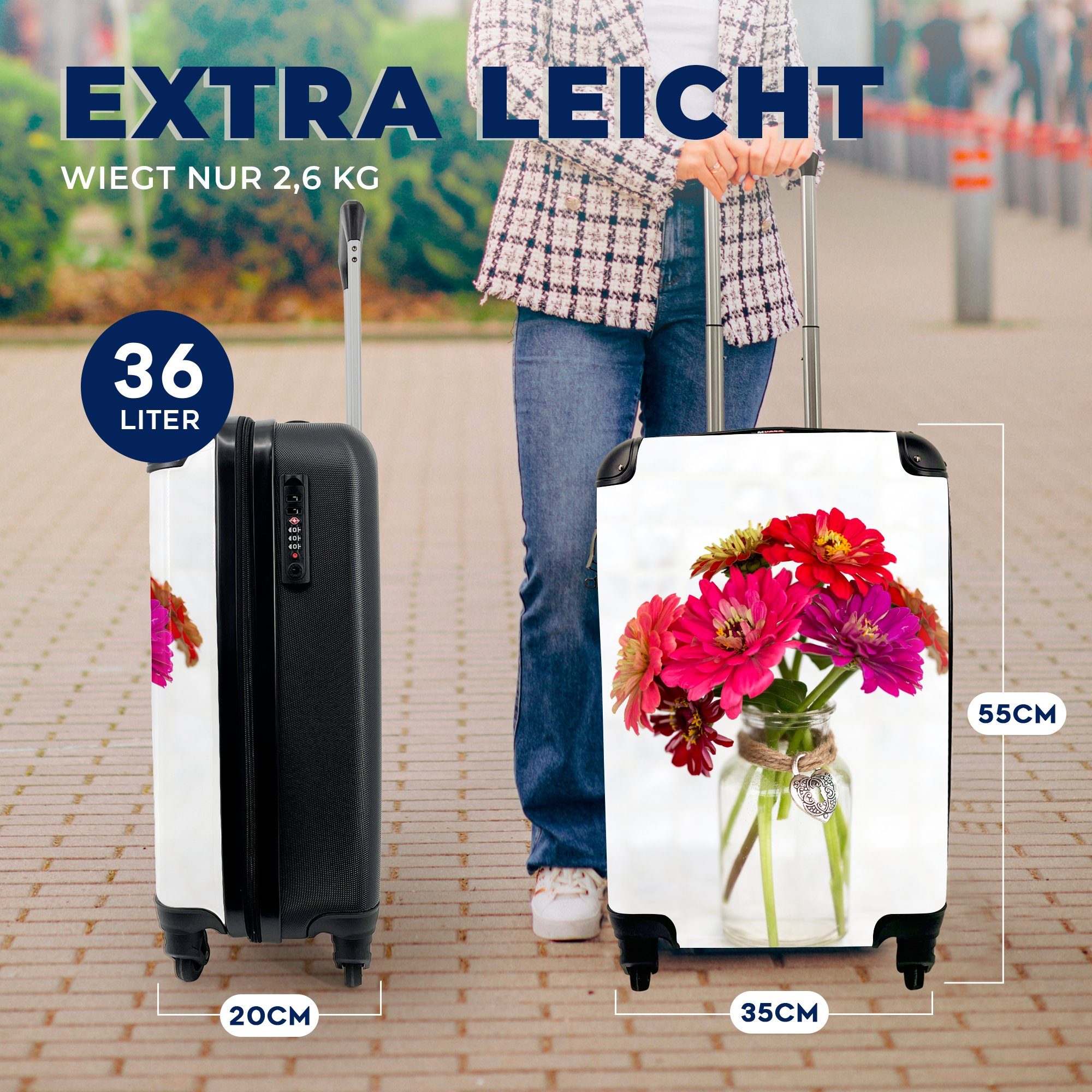 MuchoWow bunten Ferien, Trolley, rollen, Zinnienpflanzen, mit voll Reisekoffer Handgepäckkoffer 4 Vase Rollen, mit für Handgepäck Reisetasche