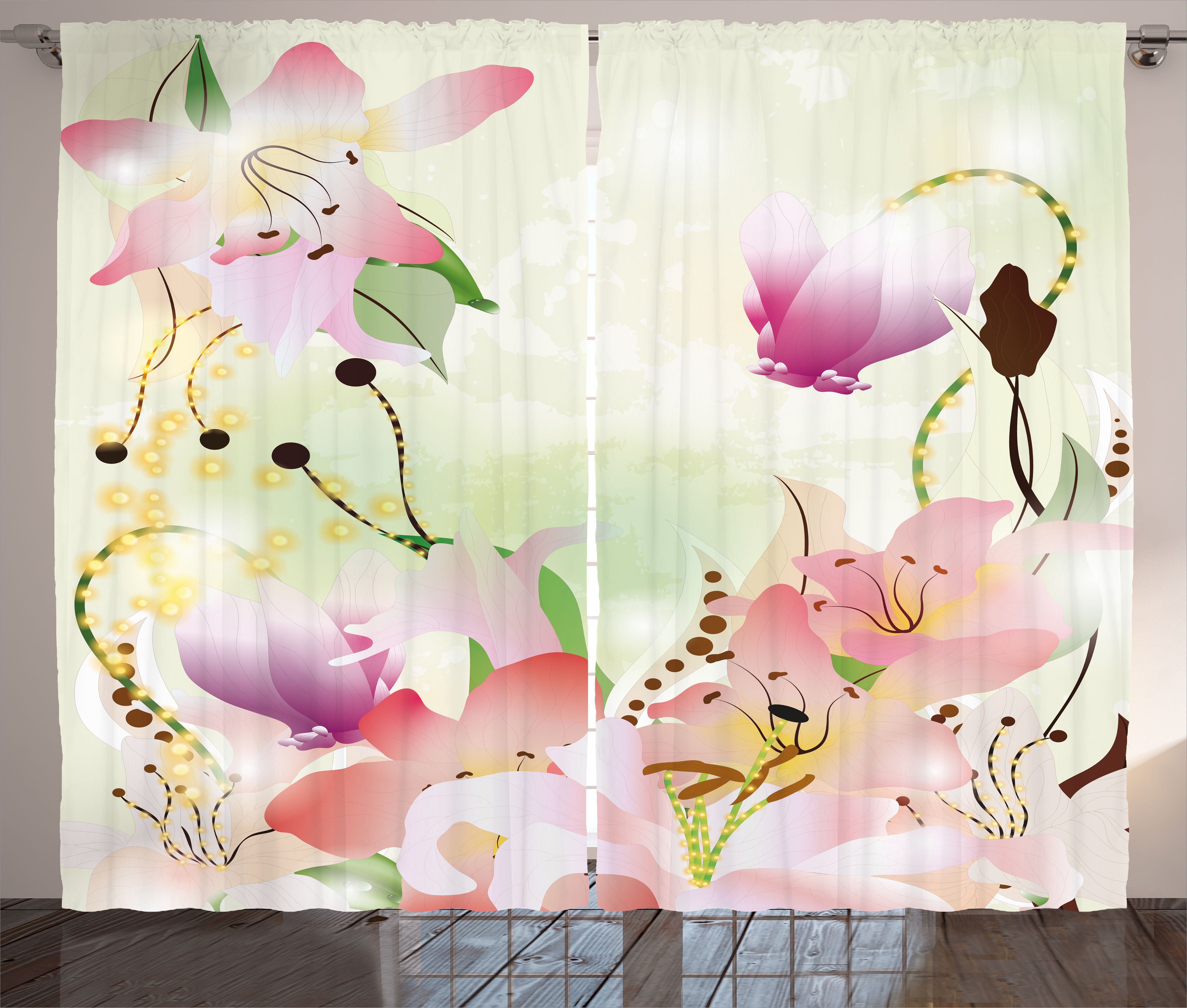 Gardine Schlafzimmer Kräuselband Vorhang mit Schlaufen und Haken, Abakuhaus, Romantisch Abstrakte Blumen-Knospen