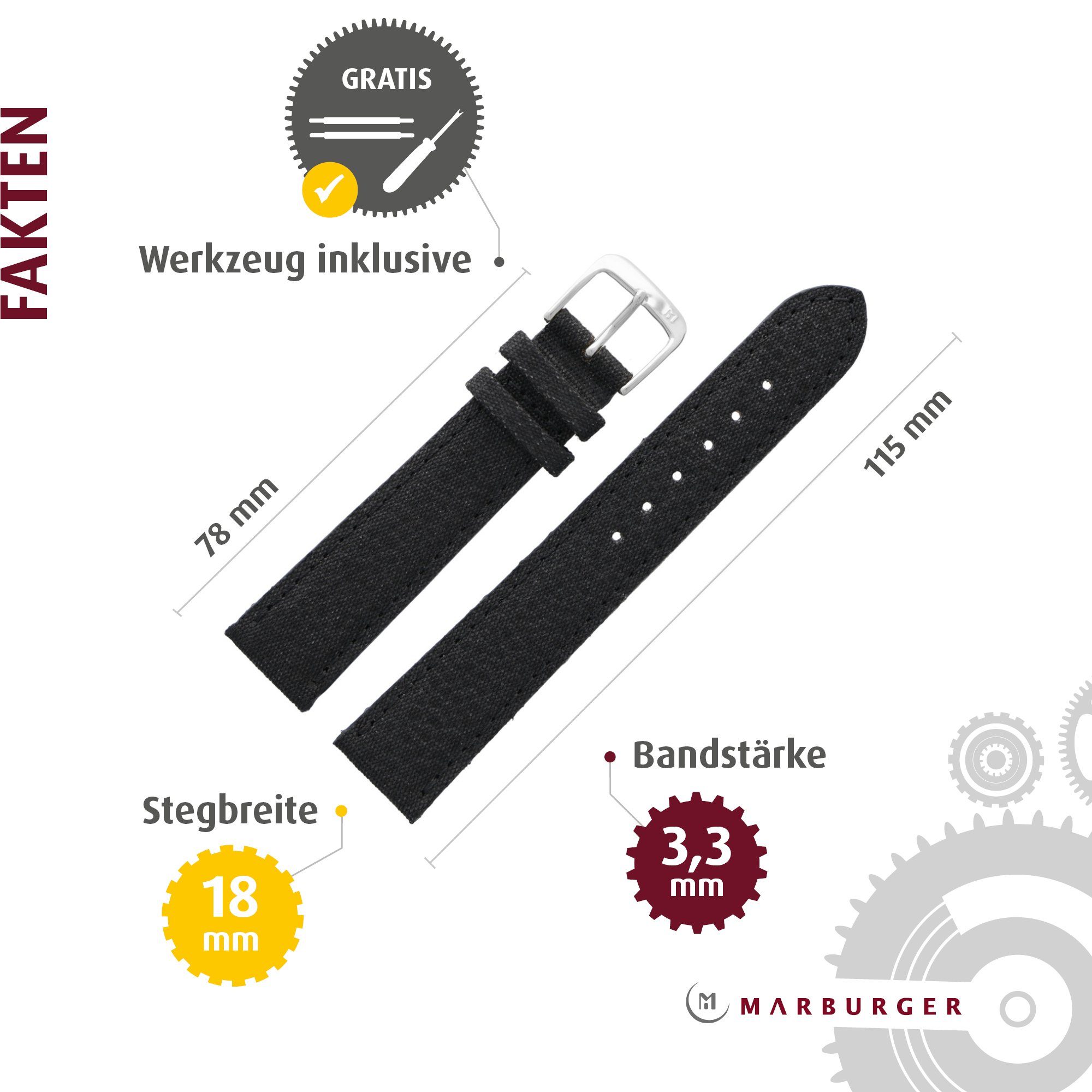 MARBURGER Uhrenarmband 18mm Textil Schwarz