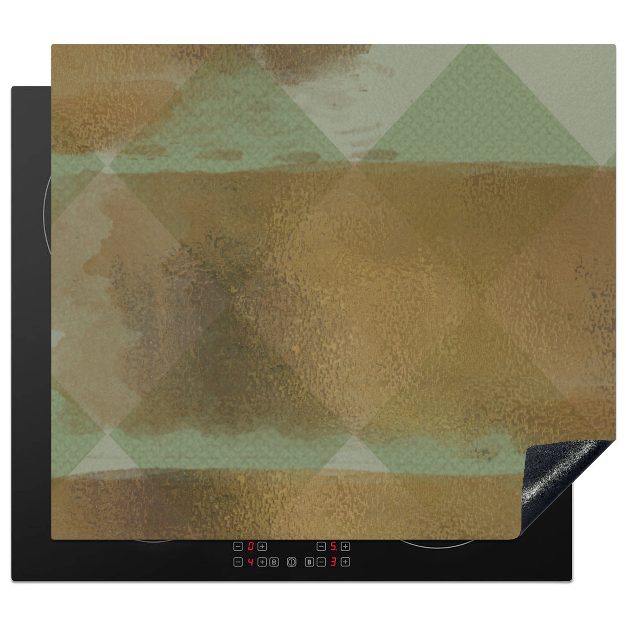 MuchoWow Herdblende-/Abdeckplatte Muster - Streifen - Gold - Grün, Vinyl, (1 tlg), 59x52 cm, Ceranfeldabdeckung für die küche, Induktionsmatte