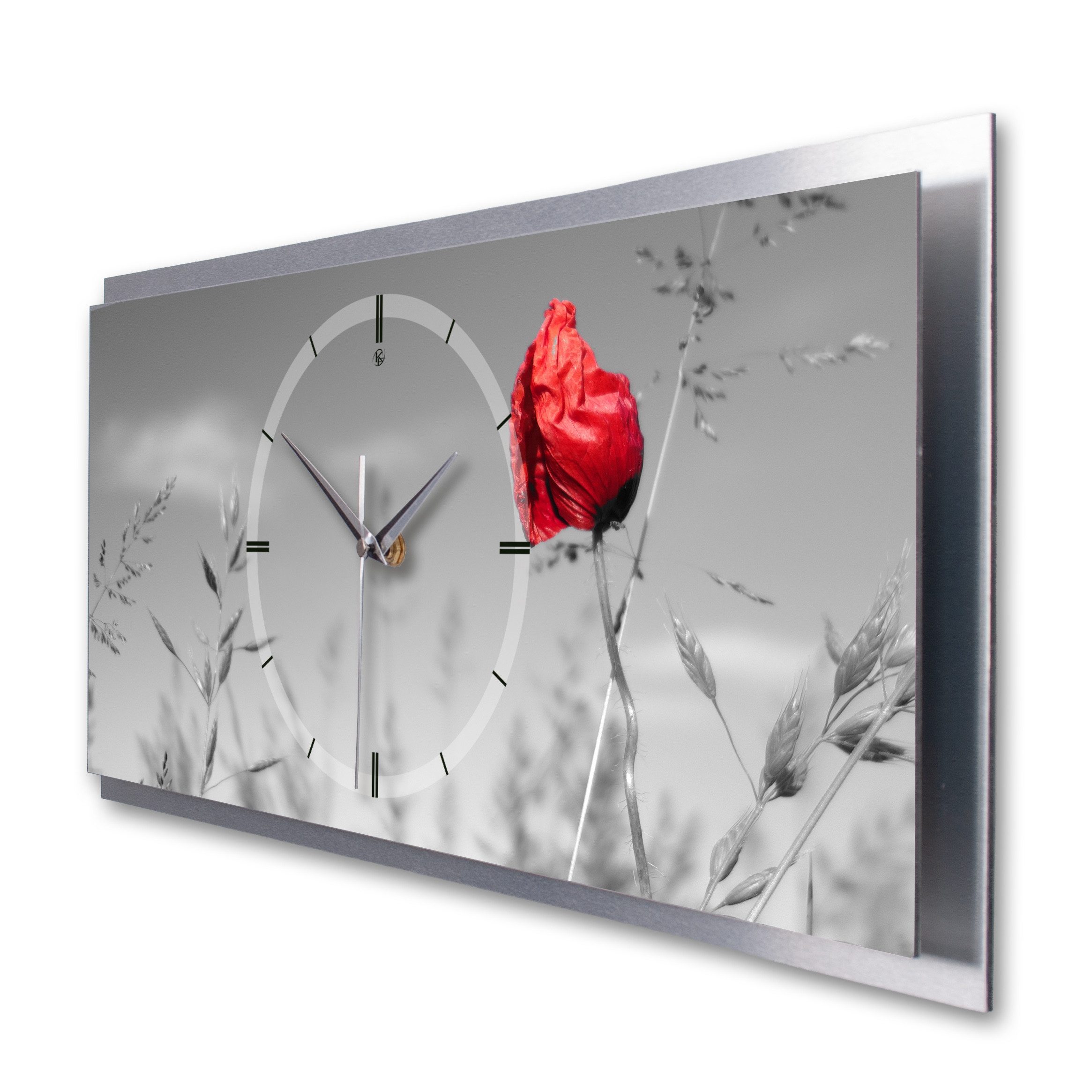 Kreative Feder Wanduhr "Mohnblume" 3D Designer Wanduhr aus Alu, leise (ohne Ticken; Quarz oder Funkuhrwerk; verschiedene Größen)