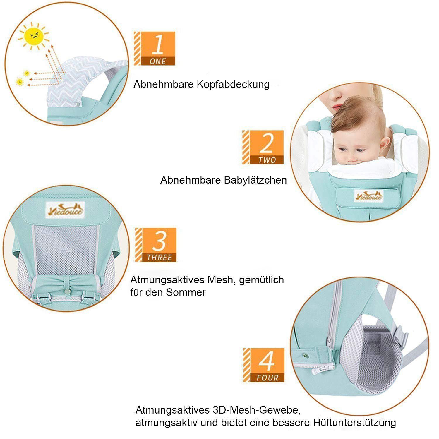 Bauchtrage mit Multifunktionale Babytrage, Bauchtrage BUMHUM Baumwolle Ergonomische Babytrage-Hüftbank Hüftsitz/reine