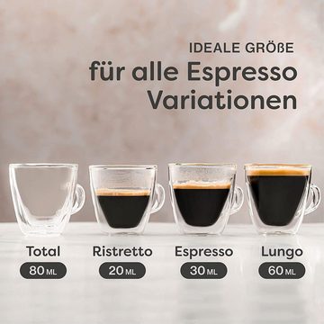 Cosumy Gläser-Set 4 doppelwandige Espressogläser 80ml mit Henkel, Glas, Espressotassen aus Glas mit Henkel - 4er Set