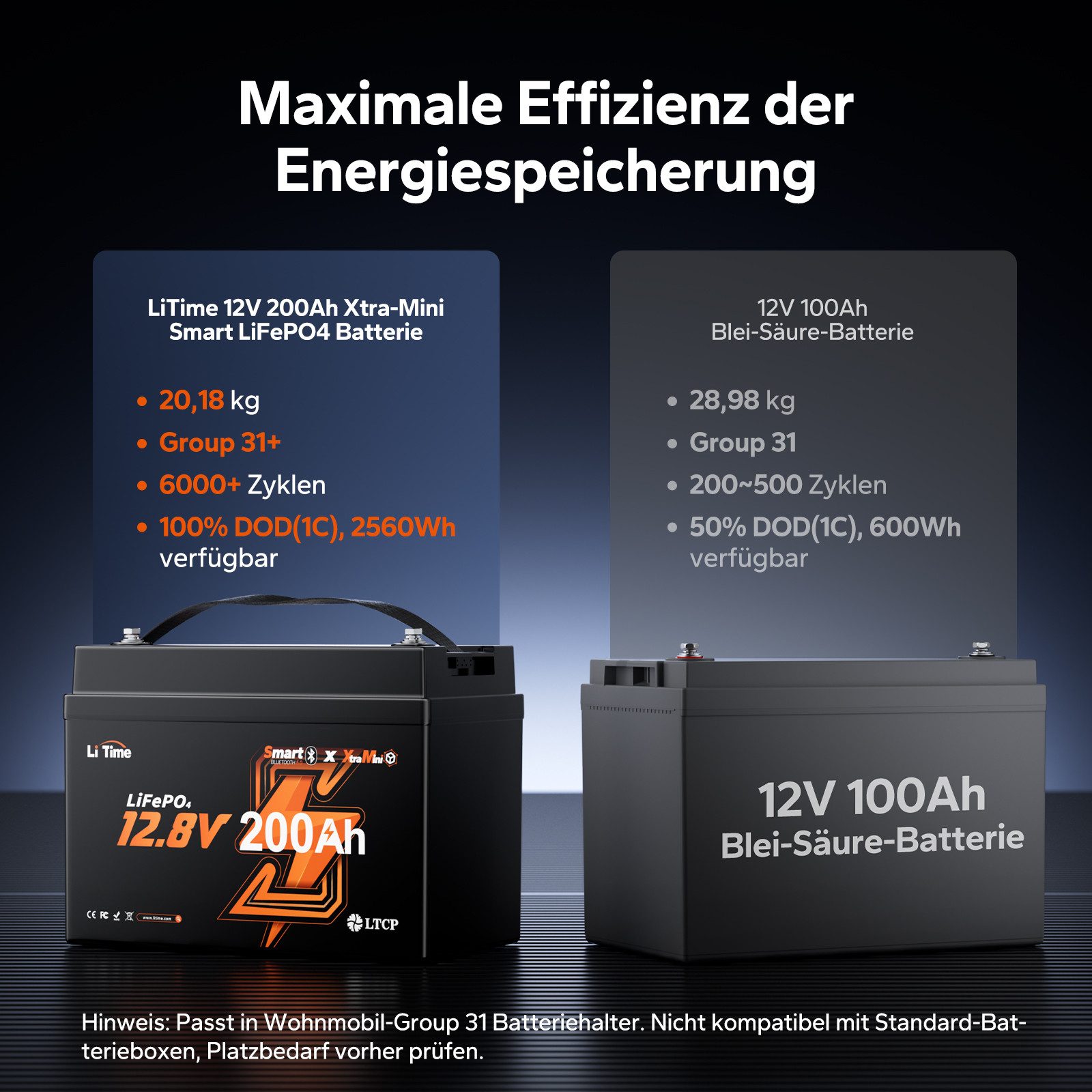 LiTime 12V 200Ah Mini LiFePO4 Aufbaubatterie mit Bluetooth, 333X176X240 mm Solarakkus 200000 mAh (12 V), Versorgungsbatterie für Wohnmobil Camping Inselanlage Solarmodule