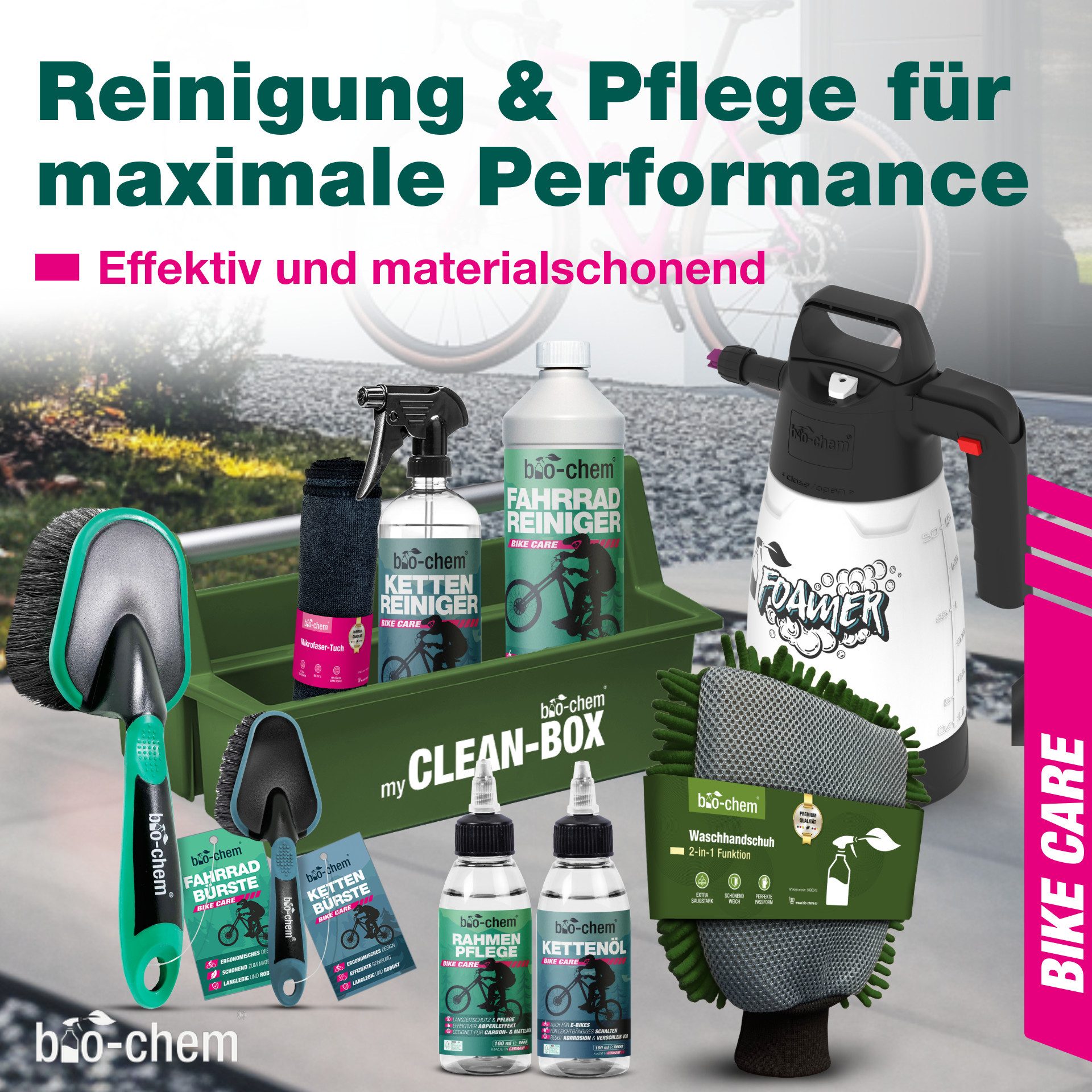 bio-chem Fahrrad Reinigungsset – 10-teilig - Reinigung und Pflege Zweiradreiniger (Sparpaket, [10-St. Fahrradpflege PREMIUM-SET 10-teilig inkusive Schaumsprüher 10-teiliges Reinigungsset für Fahrrad & E-Bike)