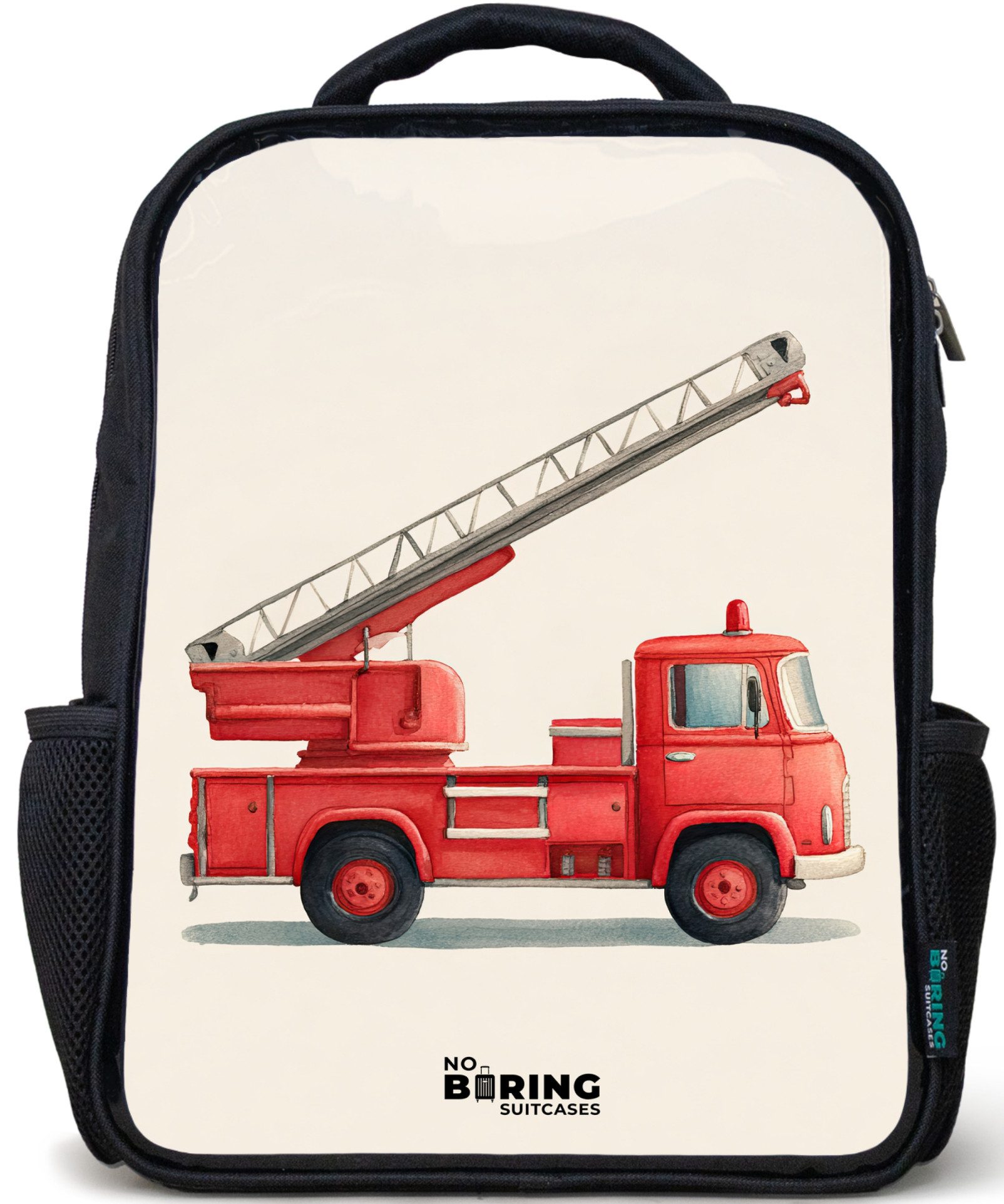 NoBoringSuitcases.com© Rucksack Schwarz - Feuerwehrauto - Signiert - Rot, Kinderrucksack Schwarz, Schulrucksack, Freizeitrucksack Jungen Mädchen