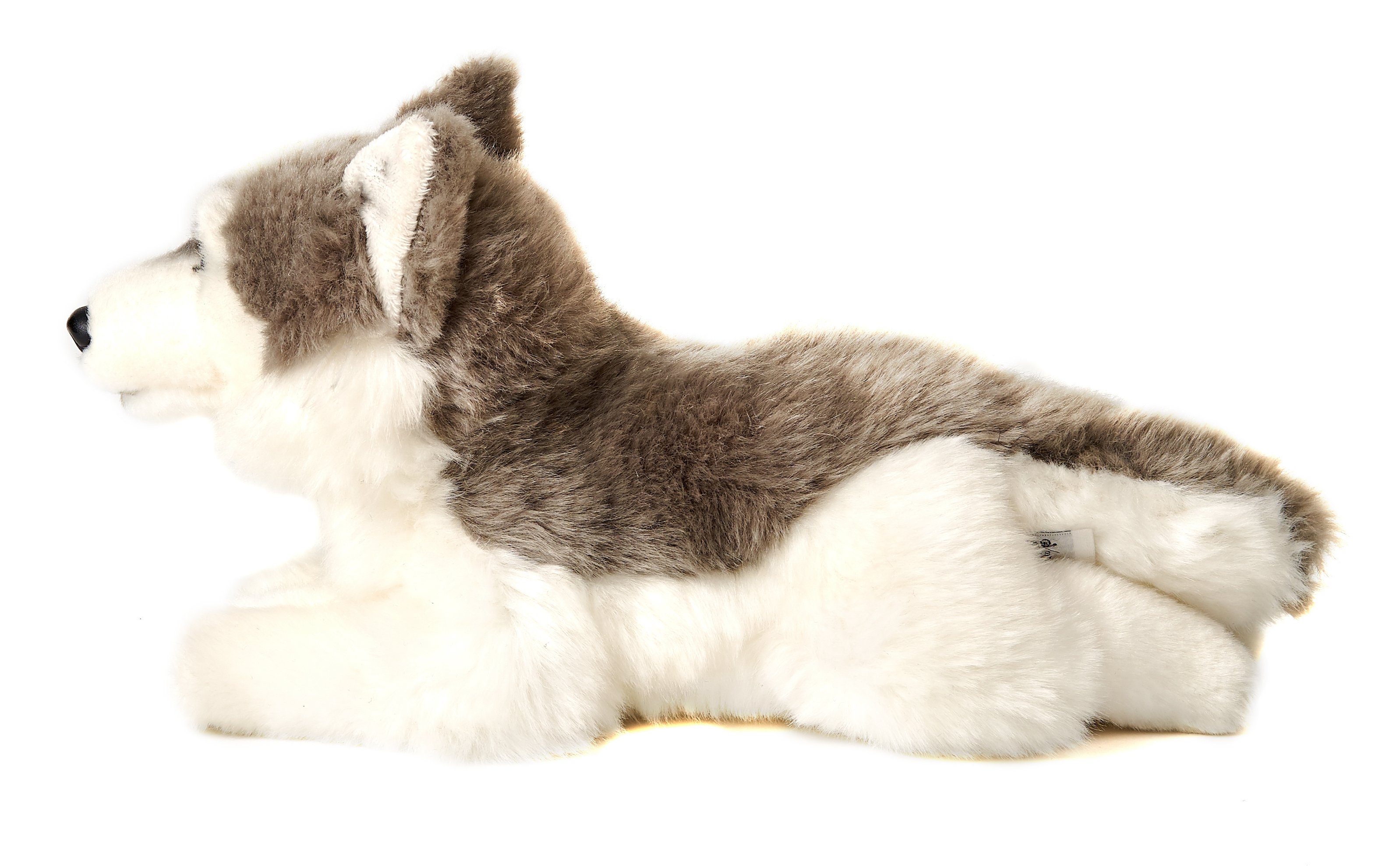100 liegend recyceltes Husky - Uni-Toys - - Kuscheltier (Länge) grau, zu % 31 Füllmaterial Plüsch-Hund Plüschtier, cm