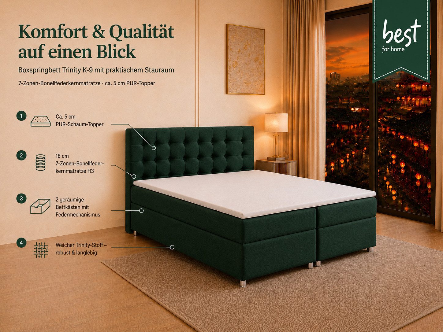 Best for Home Boxspringbett Trinity K-9 mit Stauraum & 7-Zonen Komfort – modern & komfortabel (Komplett-Set, 1-St., 140x200 160x200 180x200 200x200 cm), Handwerksqualität, TOP Preis-Leistungs-Verhältnis