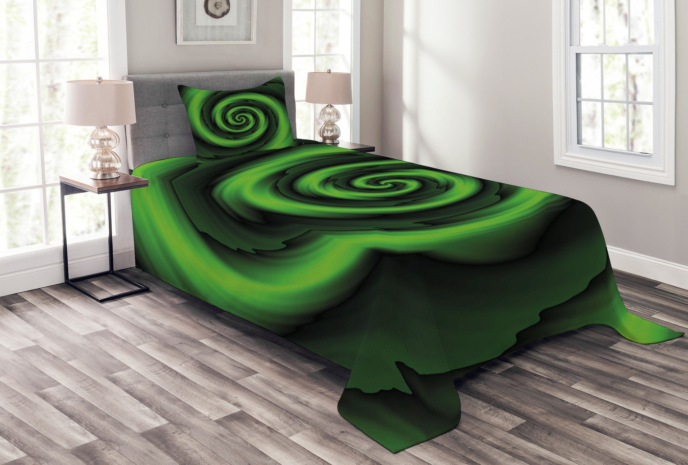 Tagesdecke Set Grün mit abstrakte Spiralen Kissenbezügen Waschbar, Abakuhaus,