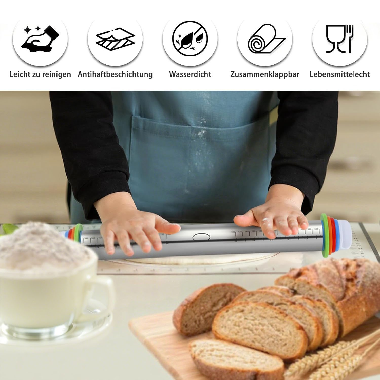 SURFOU Nudelholz Edelstahl Einstellbares 1 Teigroller 1 Silikon Backmatte, für Pizza Kekse Pfannkuchen Pasta Backen Utensilie – Bild 4 von 5