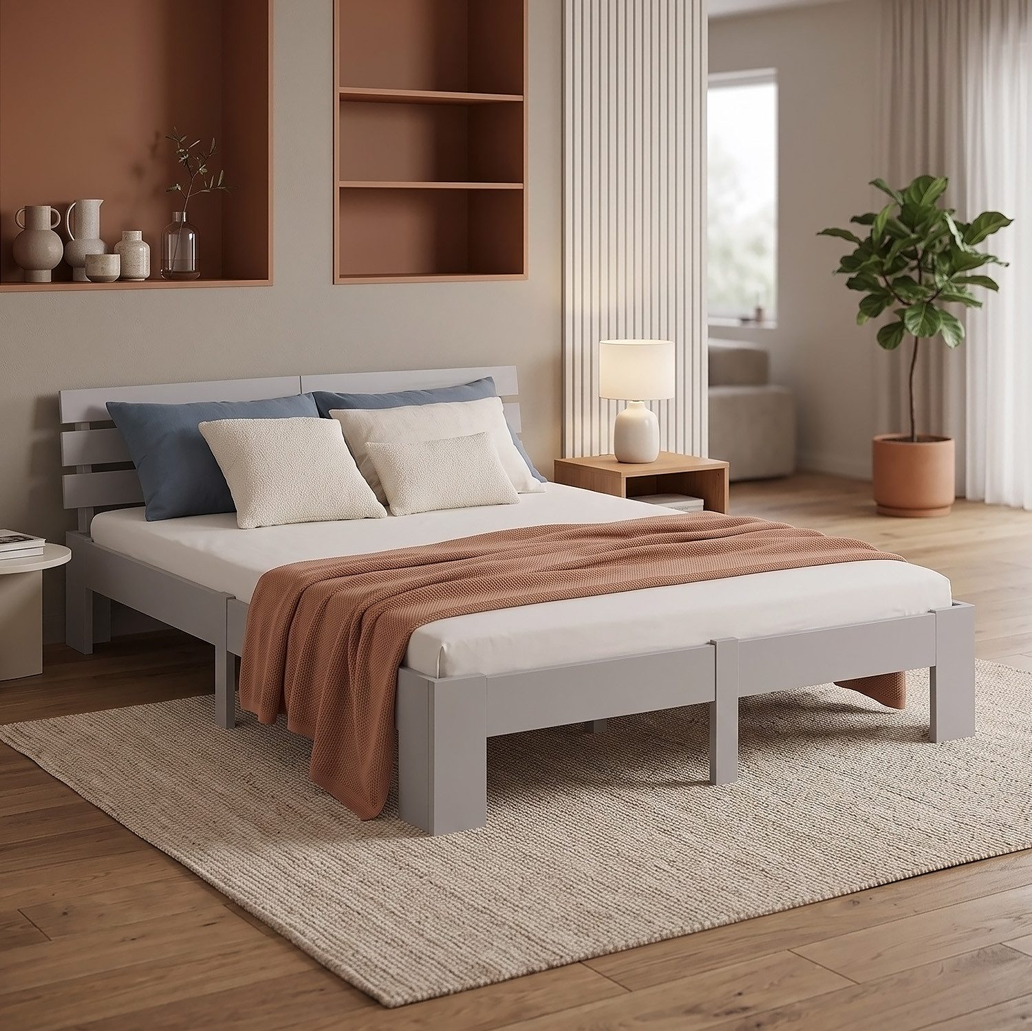 Homestyle4u Massivholzbett 90x200 120x200 140x200 160x200 180x200 Doppelbett Kopfteil Lattenrost (Set, mit Lattenrost, Grau), 140x200, modern, stabil