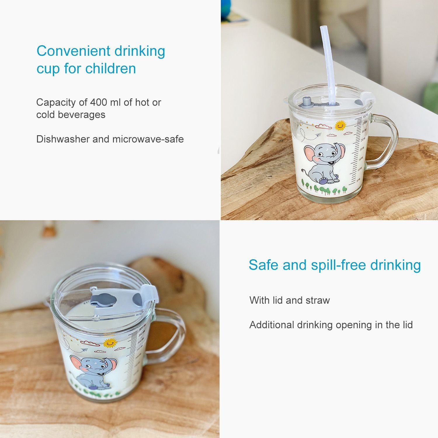 Intirilife Kinderbecher, 1-tlg., Glas, Kinder Trinkbecher transparent mit Deckel Strohhalm mit Elefant Design