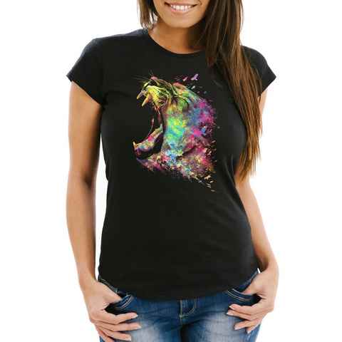 MoonWorks Print-Shirt Damen T-Shirt Screaming Lion Natur Farben Bunt Colors Moonworks® mit Print