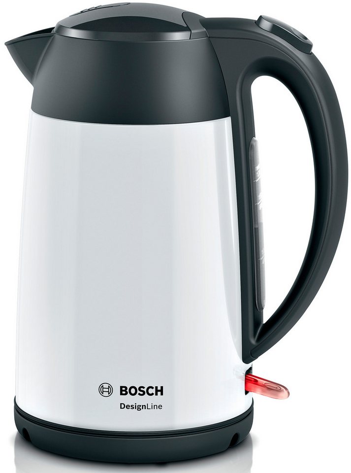 BOSCH Wasserkocher DesignLine TWK3P421, Ausgießen ohne Spritzer, Tassenanzeige, 1,7 l, 2400 W, Überhitzungsschutz, Weiß