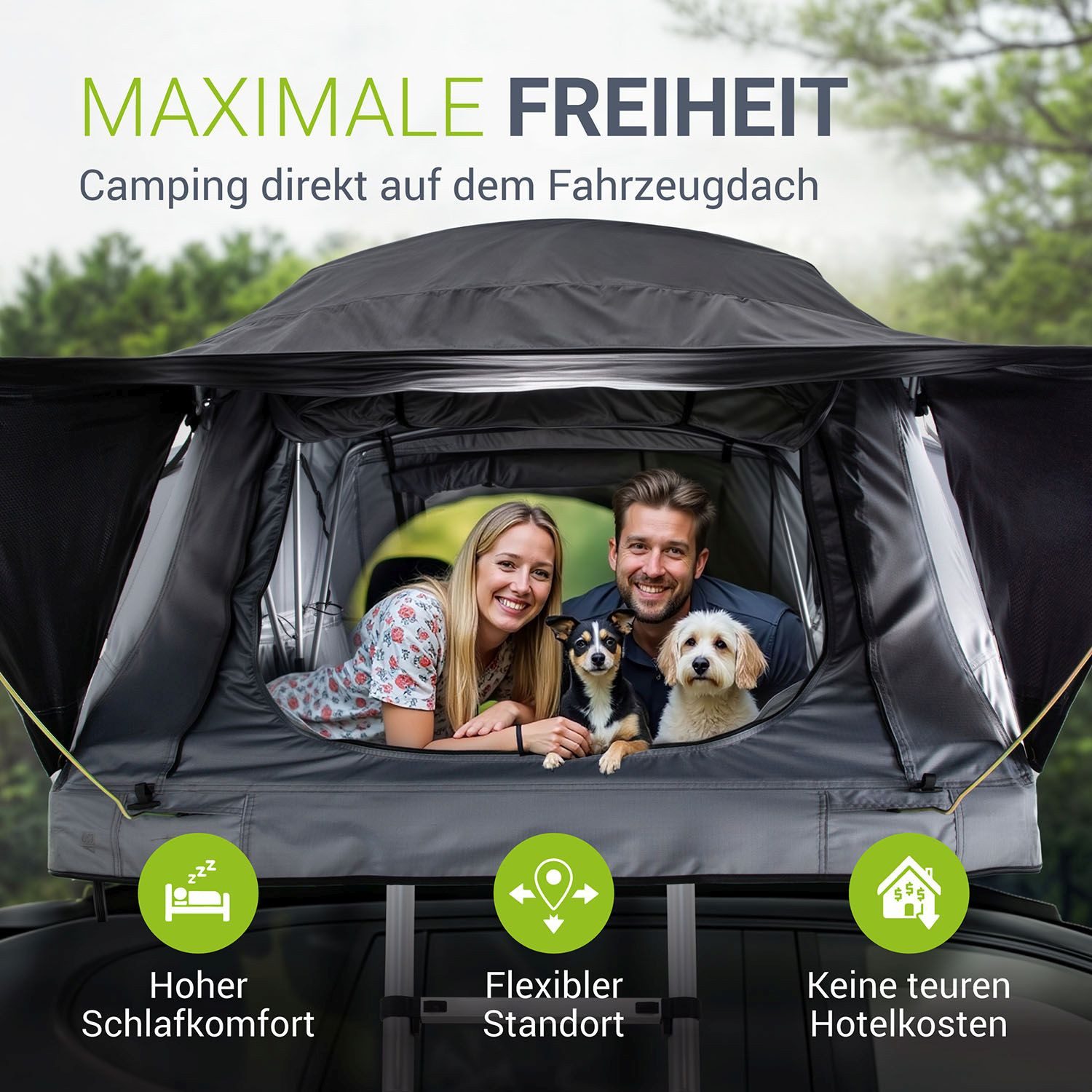 Juskys Dachzelt Lago, Wasserdicht, Teleskopleiter, 2 Personen Zelt, LED Beleuchtung