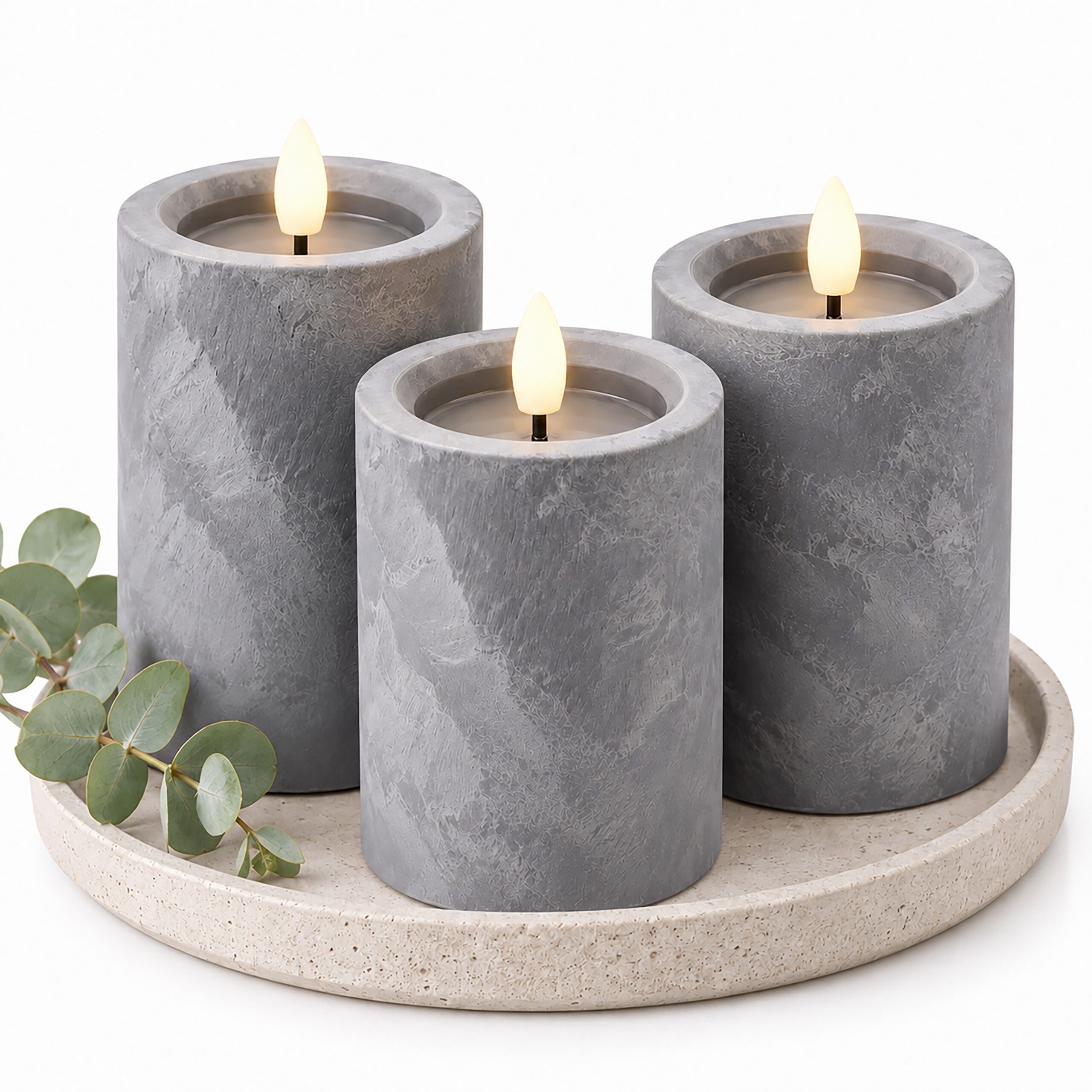 relaxdays LED-Kerze 3er Set Betonoptik, Flammenlos mit flackernder LED-Flamme und 6-Stunden Timerfunktion, LED, Warmweiß, L