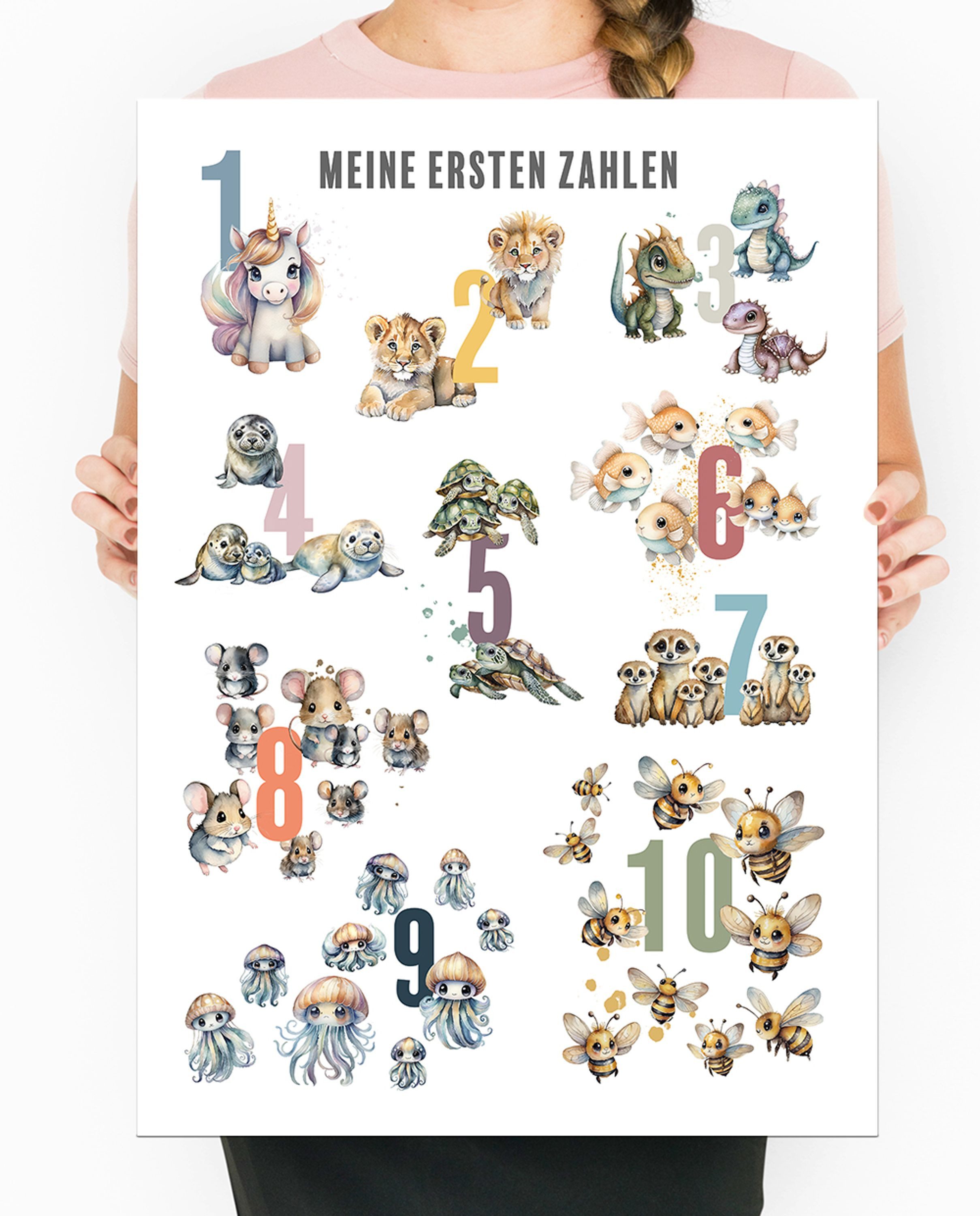 artissimo Poster Kinderposter 50x70 cm Deko Tiere zählen lernen Pastell Kinderzimmer, Lernposter: Meine ersten Zahlen Tiere
