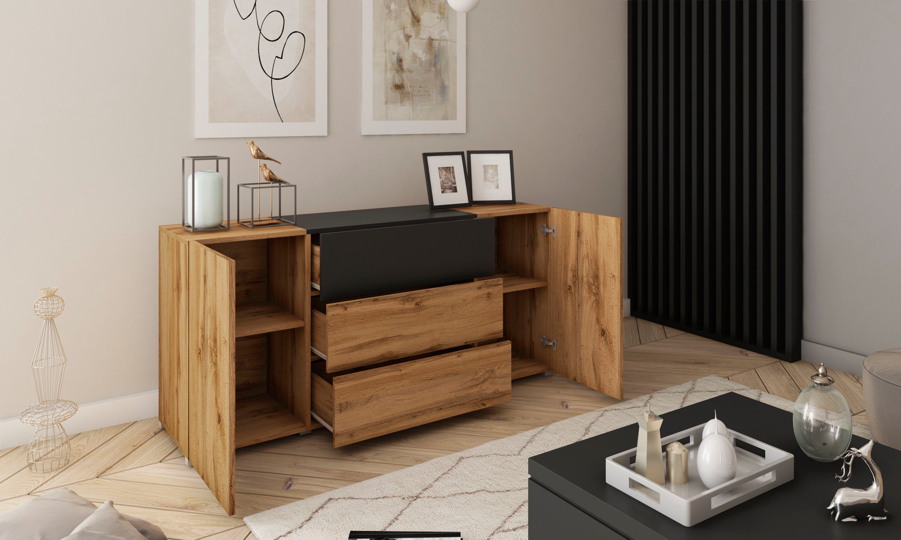 Home affaire Sideboard BERLIN, Moderne grifflose Kommode Breite 150 cm, 4 Schubkästen/ 2 Türen