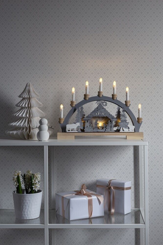 KONSTSMIDE Beleuchtetes Fensterbild "Krippe" 10-flammig, Holz, grau, 0,6W, warmweiß, 5lm, Krippe, L50mm