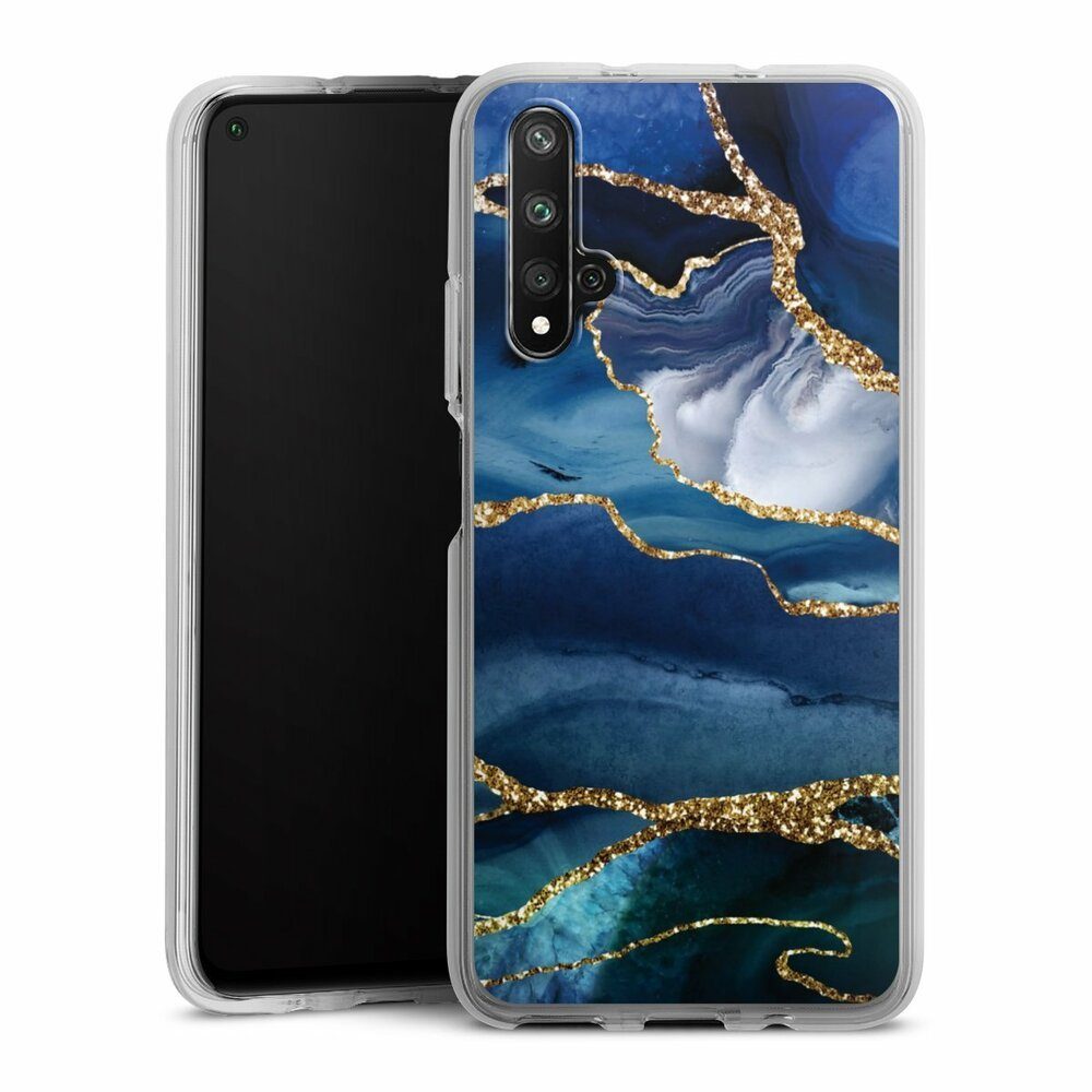Handyhülle Blue Marble Gold Glitter Look, Silikon Hülle, Bumper Case, Handy Schutzhülle, Smartphone Cover Marmor Blau Gold & Kupfer