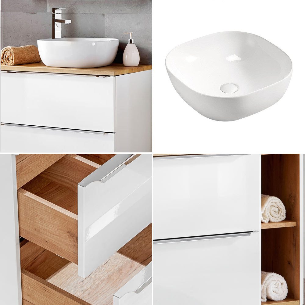 Lomadox Badmöbel-Set TOSKANA-56, (Spar-Set, 4-St), weiß/Wotaneiche B/HT 260/200/46 cm