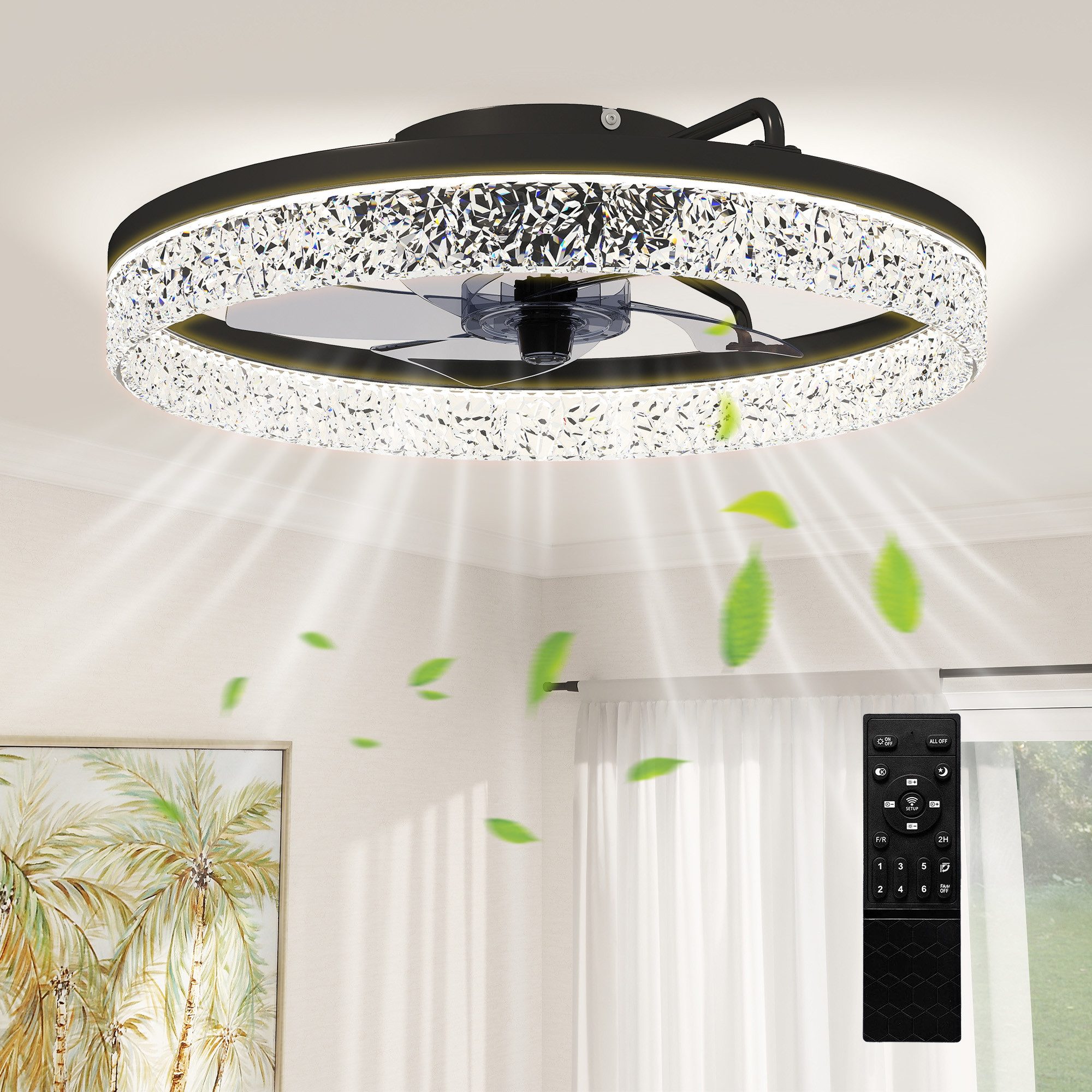 HOMCOM Deckenventilator LED Deckenleuchte mit DC-Motor, 40 W, dimmbar, leise, Schwarz, mit Fernbedienung, 6 Geschwindigkeiten, 3 Farbtemperaturen