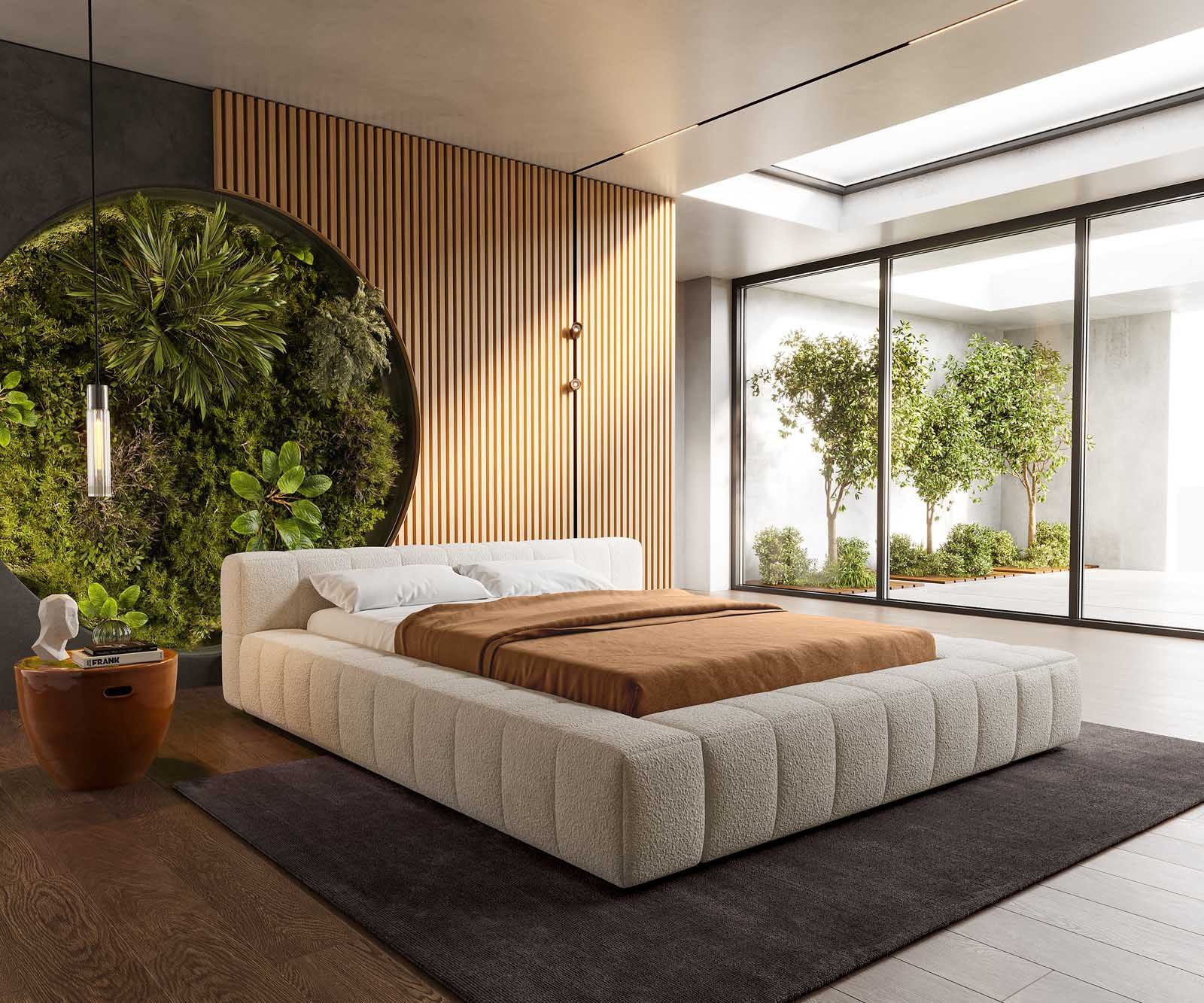 DELIFE Polsterbett Espazio, Bouclé Creme-Weiß 140x200 cm mit Stauraum