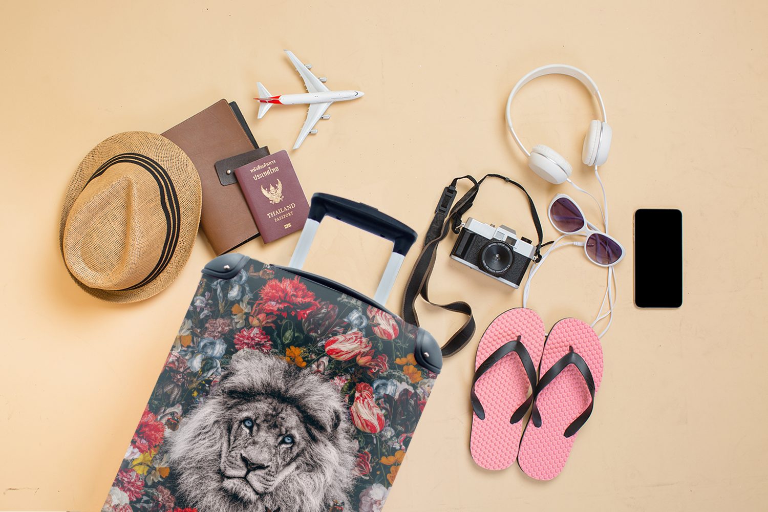 Reisetasche Profil Ferien, für - - Trolley, mit MuchoWow Handgepäckkoffer 4 Löwe Blumen, rollen, Rollen, Handgepäck Reisekoffer